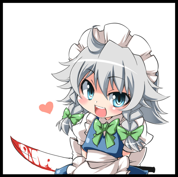 tajima yuuki, izayoi sakuya, touhou, silver hair, 1girl, apron, blood, blue eyes, blush, bow, braid, chibi, female focus, frills, hairband, heart, holding, holding behind back, holding knife, holding knife behind back, knife, maid, maid apron, maid headdress, ribbon, short hair, simple background, solo, throwing knife, twin braids, weapon, white background, yandere