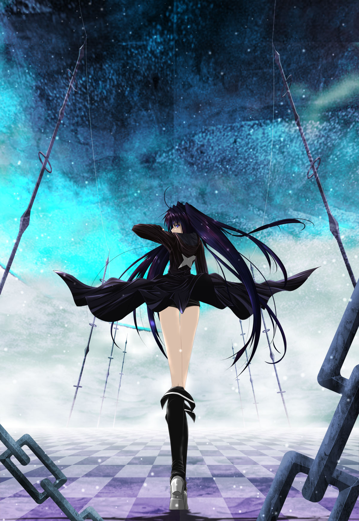 black rock shooter (character), black rock shooter, highres, 10s, 1girl, blue eyes, boots, female focus, solo