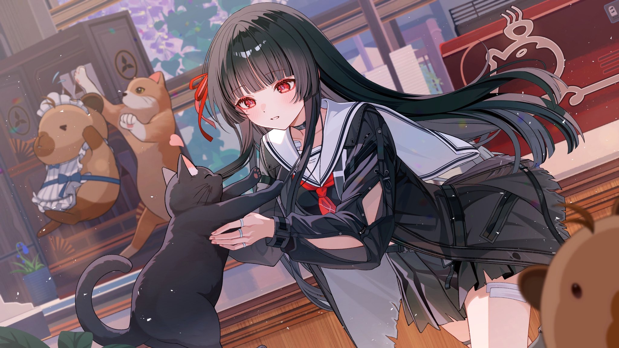 camunekoz, chisa (wuthering waves), wuthering waves, commentary request, highres, 1girl, arm cutout, black cat, black choker, black hair, black jacket, black serafuku, black shirt, black skirt, cat, choker, clothing cutout, hair ribbon, indoors, jacket, long hair, long sleeves, looking at animal, mole, mole under eye, namipon (wuthering waves), neckerchief, parted lips, red eyes, red neckerchief, red ribbon, ribbon, sailor collar, school uniform, serafuku, shirt, skirt, solo, white sailor collar