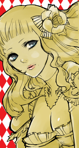 etsu (aoneko-dou), warlock (granado espada), granado espada, bad id, bad pixiv id, lowres, 1girl, blonde hair, blue eyes, dress, female focus, flower, hair ornament, hairpin, mole, solo