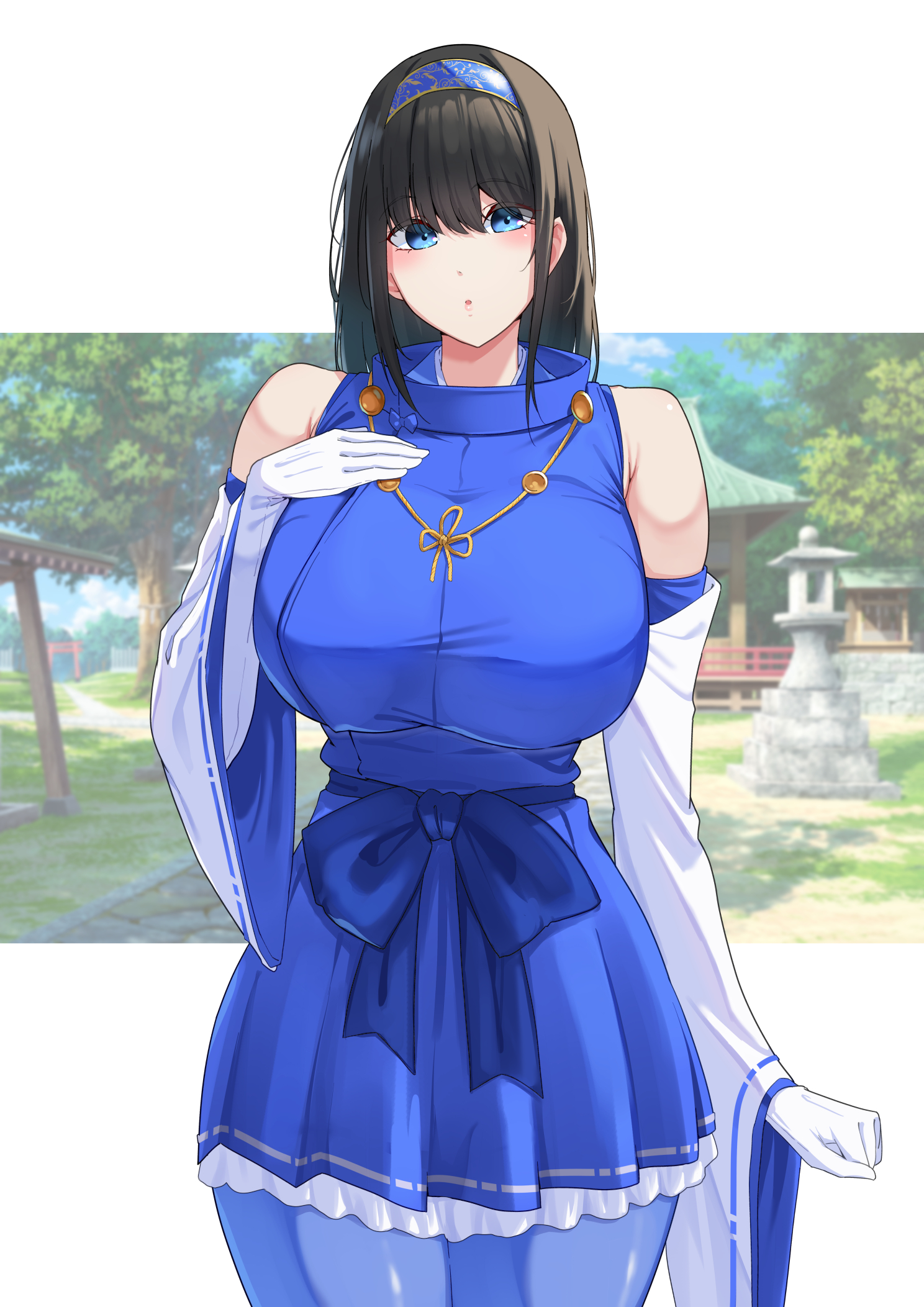 nanohana (november.), sagisawa fumika, idolmaster, idolmaster cinderella girls, commentary request, highres, 1girl, :o, bare shoulders, black hair, blue bow, blue eyes, blue hairband, blue pantyhose, blue shirt, blue skirt, blush, bow, breasts, detached sleeves, elbow gloves, gloves, hair between eyes, hairband, hand on own chest, large breasts, long hair, looking at viewer, nontraditional miko, pantyhose, shirt, skirt, solo, white gloves, white sleeves, wide sleeves