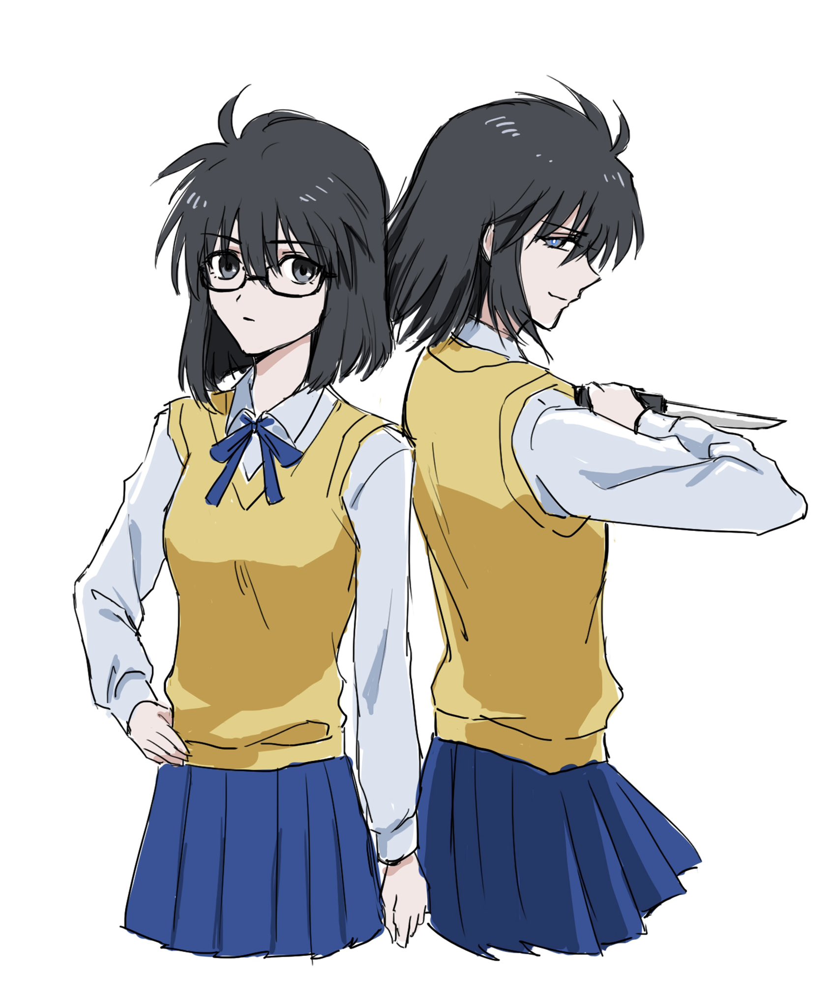 gui (seanko), nanaya shiki, tohno shiki, melty blood, tsukihime, highres, 2girls, black eyes, black hair, blue eyes, blue ribbon, blue skirt, breasts, dark persona, dual persona, evil smile, genderswap, genderswap (mtf), glasses, hair between eyes, hands on own hips, holding, holding knife, knife, looking at viewer, medium hair, multiple girls, mystic eyes of death perception, nanatsu-yoru, reverse grip, ribbon, school uniform, shirt, skirt, smile, smirk, vest, white shirt, yellow vest