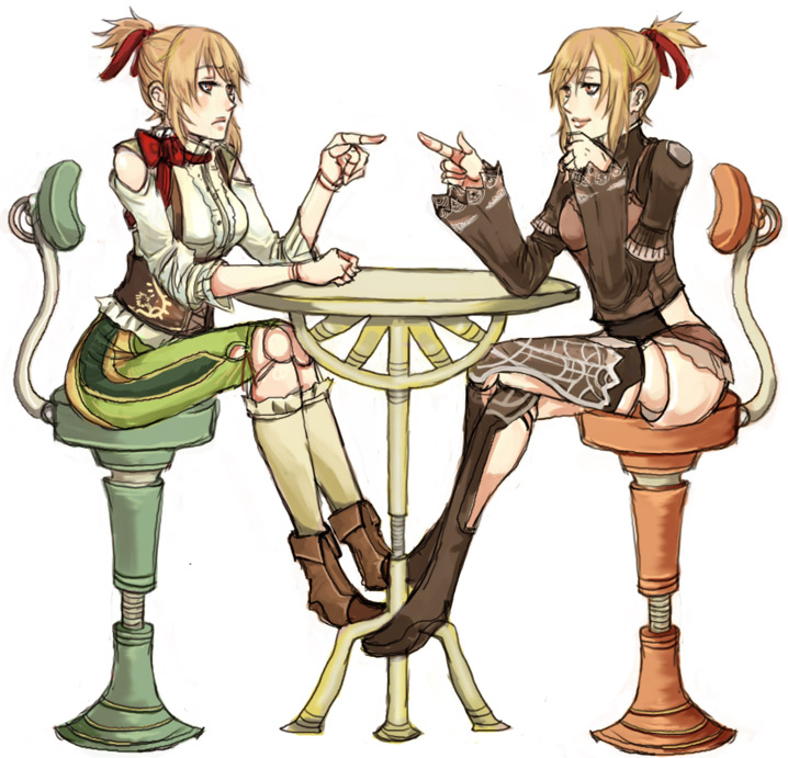 itanji, catherine (granado espada), granado espada, bad id, bad pixiv id, 2girls, blonde hair, boots, chair, crossed legs, doll joints, dolljoint, frown, joints, kneehighs, multiple girls, pointing, ponytail, ribbon, sitting, smile, socks, table, thighhighs, yellow eyes