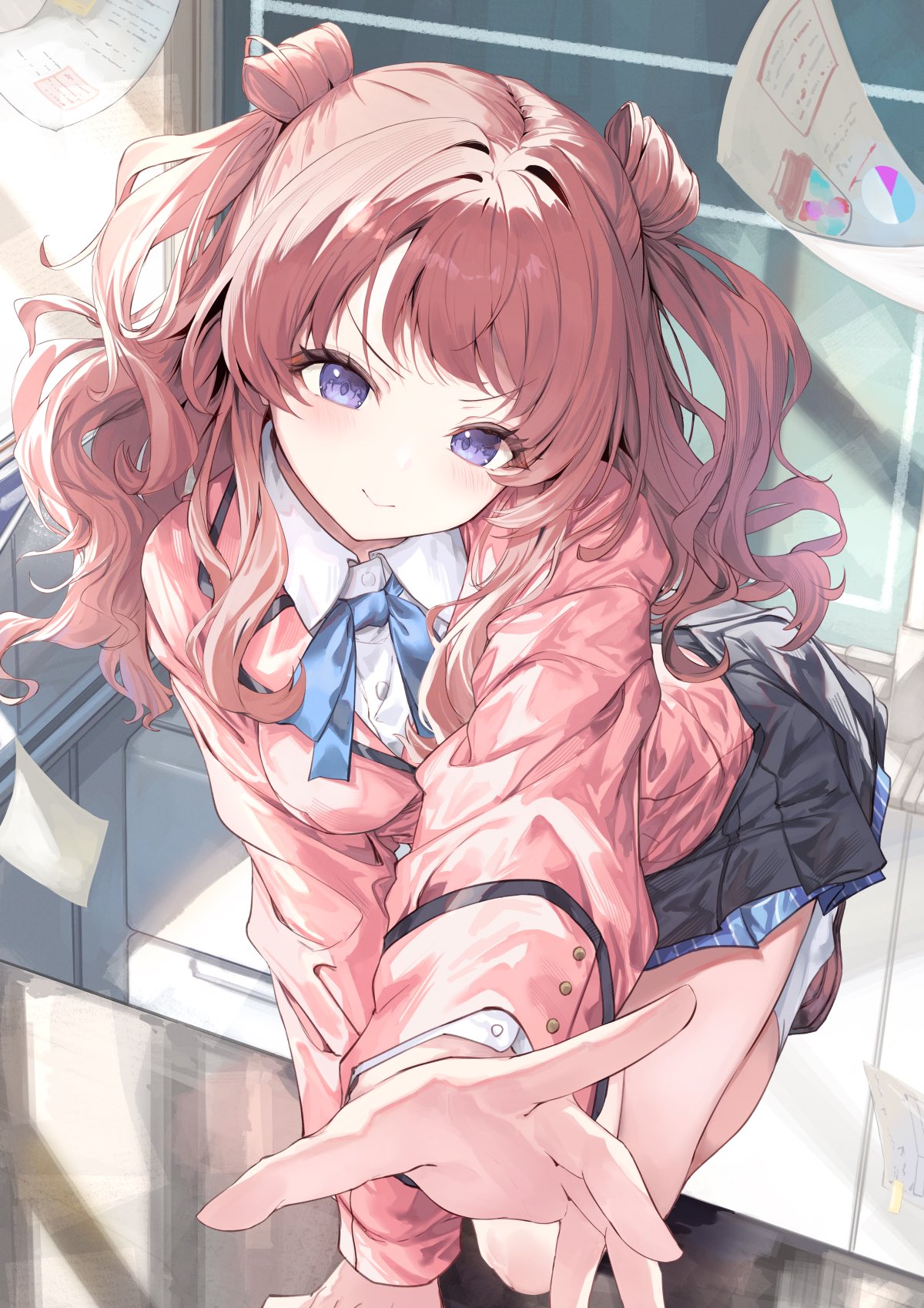 fal maro, hanami saki, gakuen idolmaster, idolmaster, commentary request, highres, 1girl, black skirt, brown hair, closed mouth, collared shirt, indoors, long hair, long sleeves, looking at viewer, neck ribbon, purple eyes, reaching, reaching towards viewer, ribbon, school uniform, shirt, shoes, skirt, smile, socks, solo, v-shaped eyebrows, white shirt, white socks