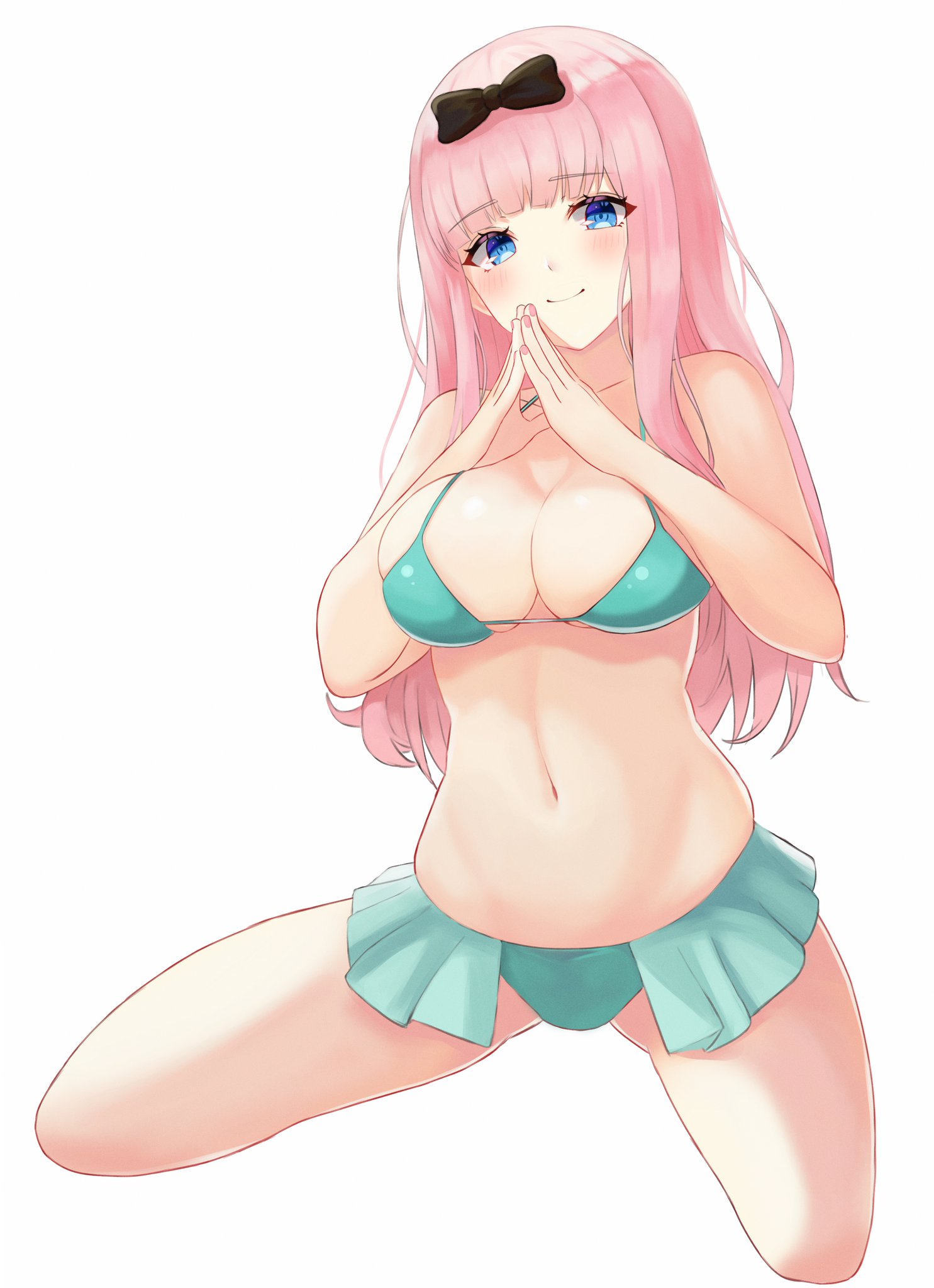kano (wi3028), fujiwara chika, kaguya-sama wa kokurasetai ~tensai-tachi no renai zunousen~, 1girl, bikini, black bow, blue eyes, blush, bow, breasts, large breasts, long hair, looking at viewer, pink hair, smile, swimsuit, white background