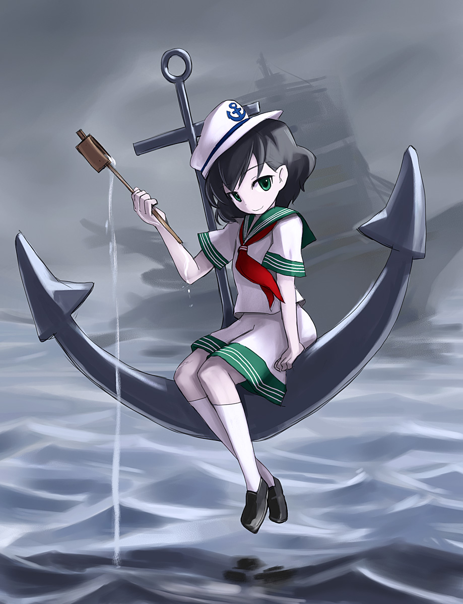 hirosato, murasa minamitsu, touhou, highres, 1girl, anchor, black hair, female focus, full body, green eyes, hat, hishaku, ladle, outdoors, sailor, sailor collar, sailor hat, short hair, sky, solo