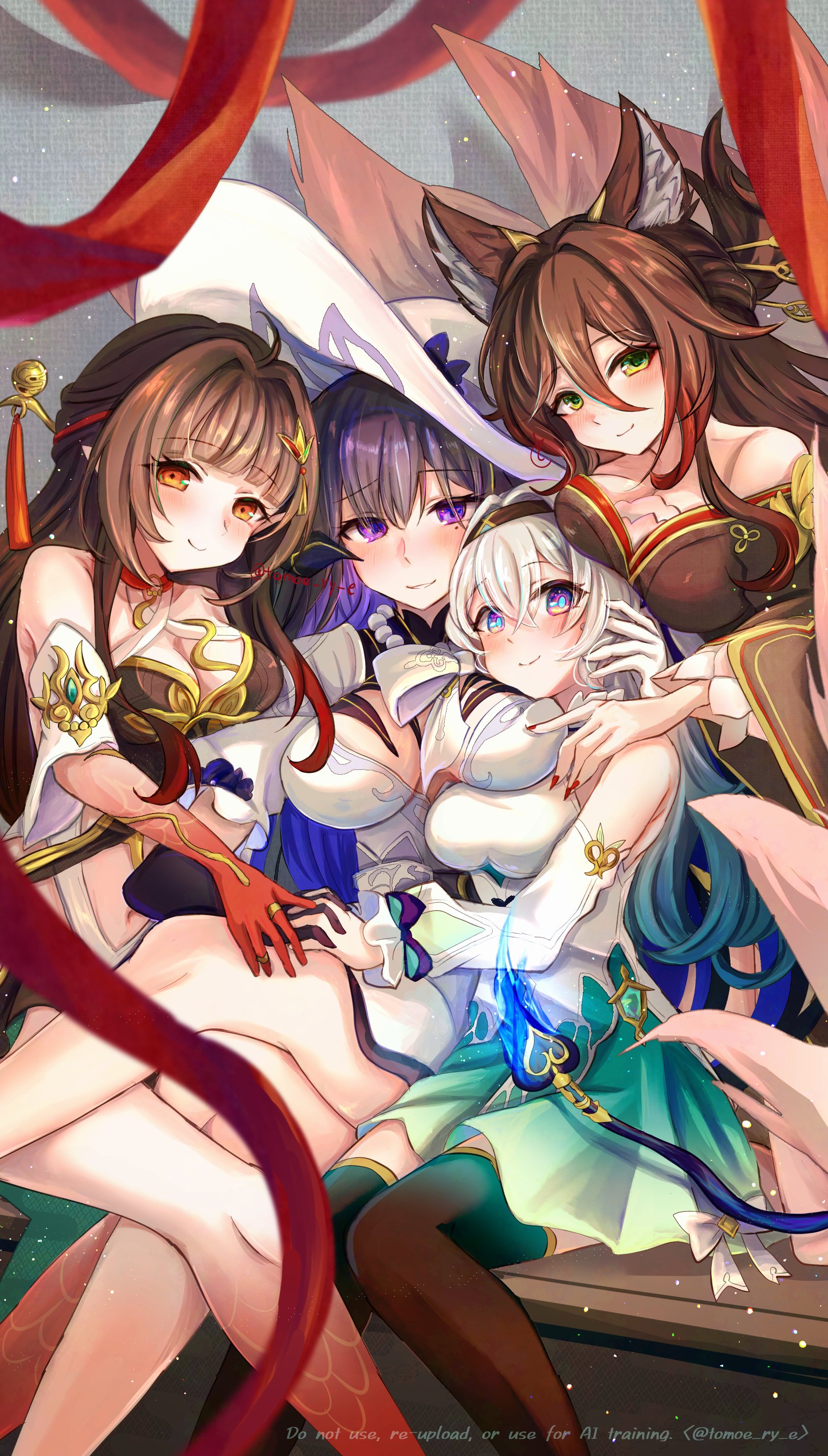 tomoe (pixiv 53856103), constance (honkai: star rail), firefly (honkai: star rail), fugue (honkai: star rail), lingsha (honkai: star rail), tingyun (honkai: star rail), honkai: star rail, honkai (series), absurdres, commentary request, highres, 4girls, ahoge, animal ear fluff, bare shoulders, black hair, blonde hair, breasts, brown hair, cleavage, detached sleeves, dress, fox girl, green eyes, hair ornament, hat, headband, large breasts, long hair, looking at viewer, medium breasts, mole, mole under eye, multiple girls, nail polish, off shoulder, pointy ears, purple eyes, red eyes, scales, sitting, sun hat, tail, thighhighs, thighs, very long hair