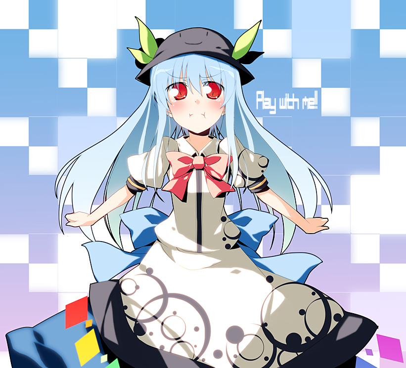nu (plastic eraser), hinanawi tenshi, touhou, 1girl, angry, blue hair, blush, english text, female focus, hat, long hair, pout, red eyes, solo, standing, tears
