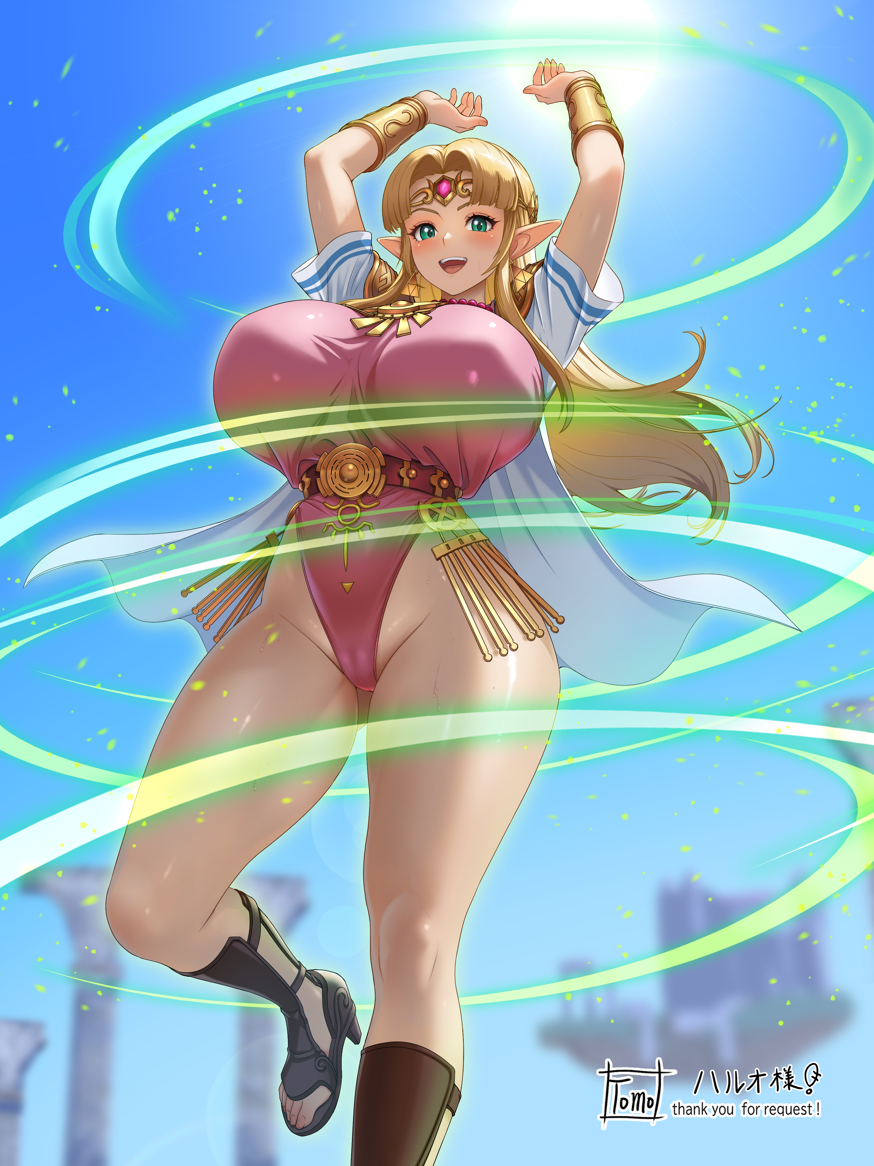 tomo eokaiteru, princess zelda, nintendo, super smash bros., the legend of zelda, absurdres, commentary request, highres, 1girl, :d, adapted costume, alternate breast size (larger), blonde hair, blue sky, breasts, cape, circlet, curvy, green eyes, high heel sandals, huge breasts, leotard, looking at viewer, magic, open mouth, pink leotard, pointy ears, sandals, sky, smile, solo, white cape