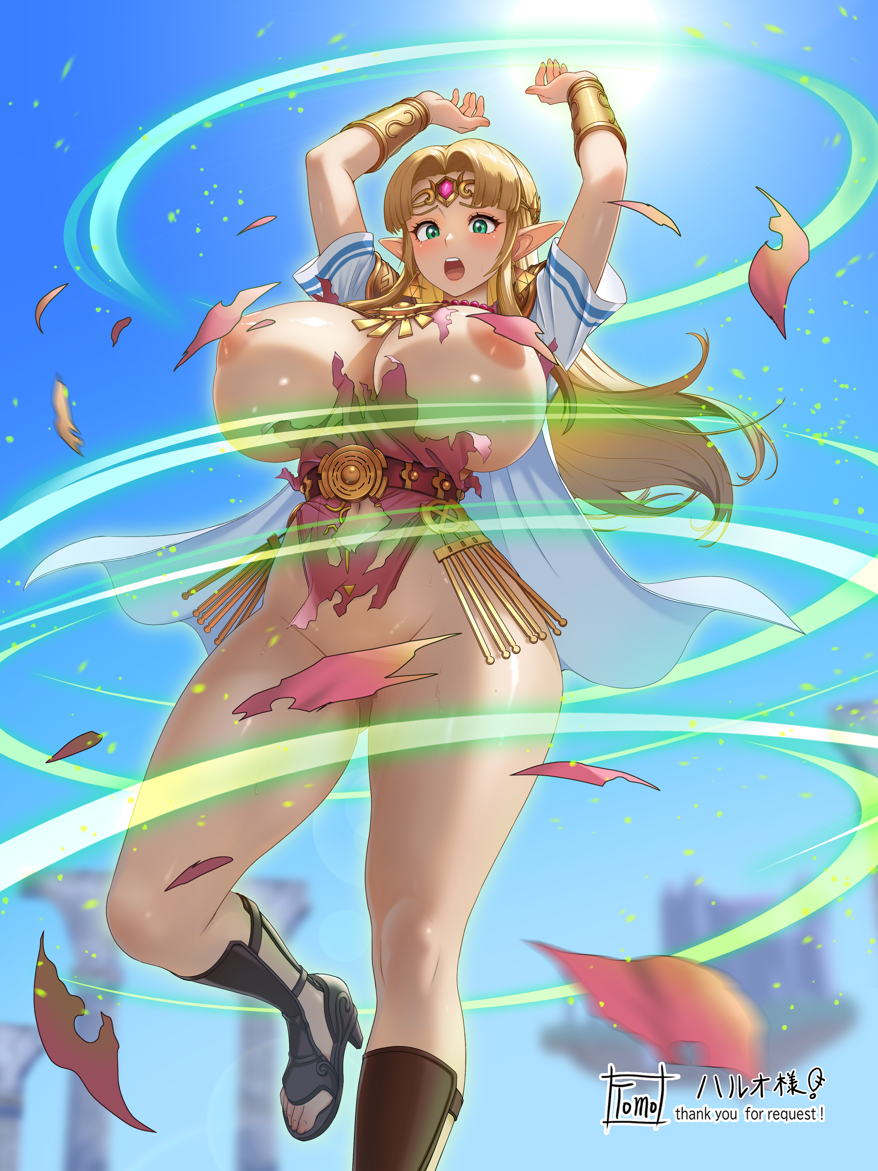 tomo eokaiteru, princess zelda, nintendo, super smash bros., the legend of zelda, absurdres, commentary request, highres, 1girl, :o, adapted costume, alternate breast size (larger), areola slip, blonde hair, blue sky, breasts, cape, circlet, convenient censoring, curvy, green eyes, high heel sandals, huge breasts, leotard, looking at viewer, magic, open mouth, pink leotard, pointy ears, sandals, sky, solo, torn clothes, torn leotard, white cape