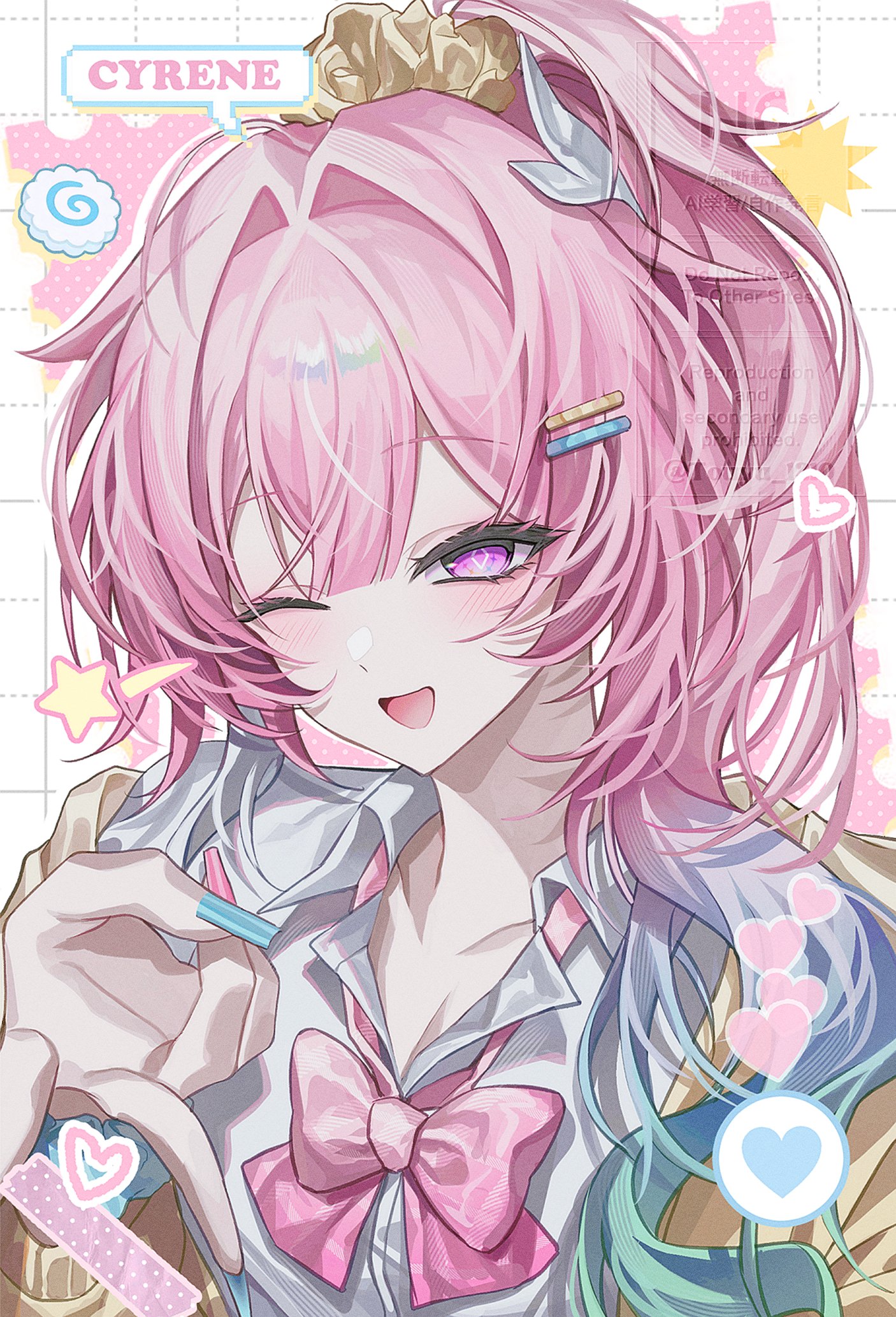 touyu 1210, cyrene (honkai: star rail), honkai: star rail, honkai (series), commentary, highres, symbol-only commentary, 1girl, alternate costume, blue nails, bow, bowtie, character name, collared shirt, cyrene (demiurge) (honkai: star rail), gyaru v, hair ornament, hairclip, heart, looking at viewer, one eye closed, open mouth, pink bow, pink bowtie, pink hair, purple eyes, school uniform, shirt, upper body, v, white shirt