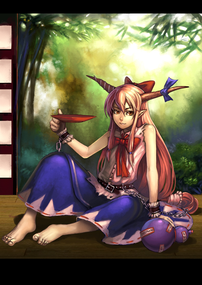lieqi hun, ibuki suika, touhou, bad id, bad pixiv id, 1girl, alcohol, arm support, barefoot, blonde hair, bow, chain, cup, feet, female focus, horns, letterboxed, lips, long hair, pointy ears, sakazuki, sake, sitting, solo, veranda, yellow eyes