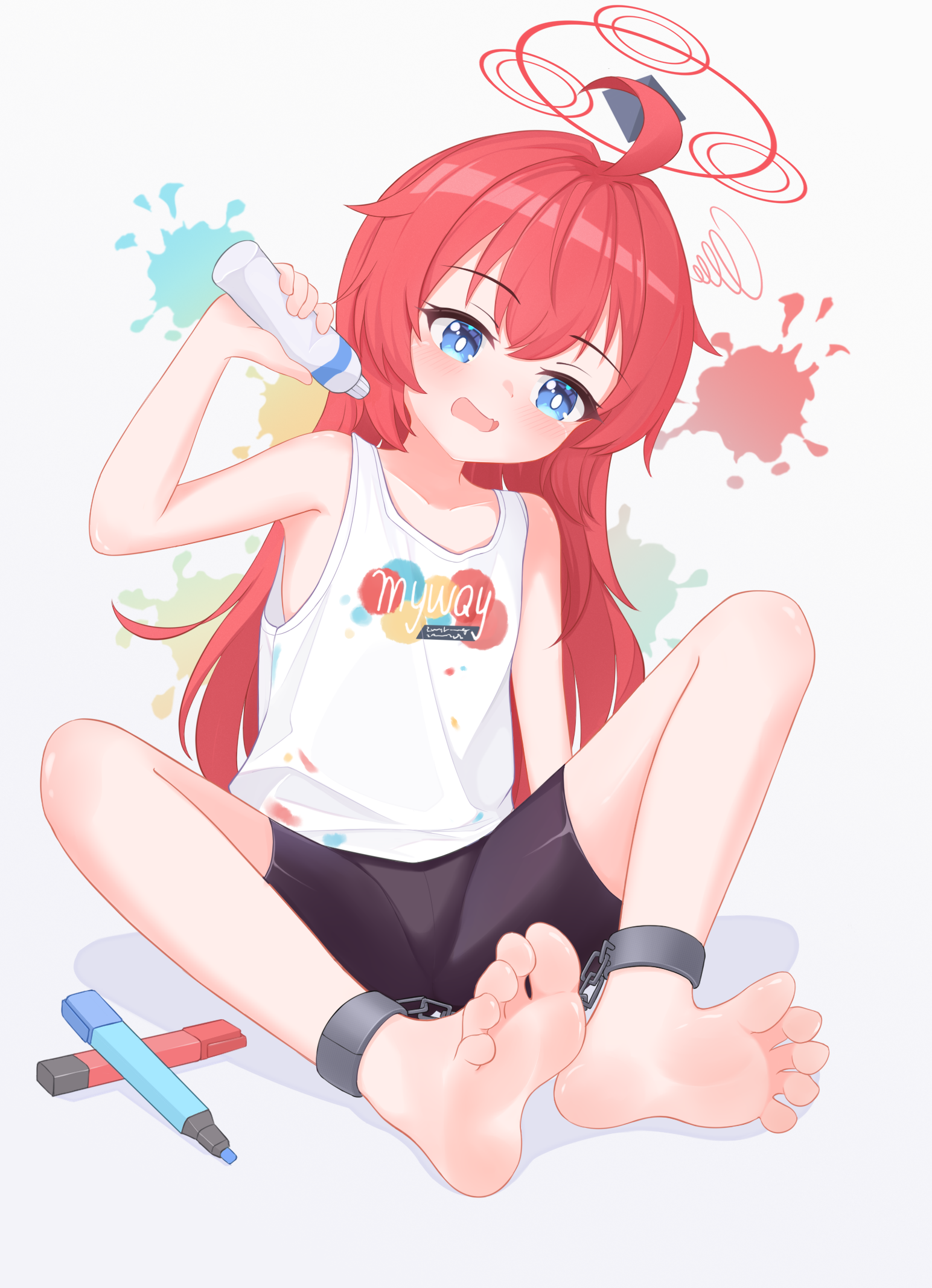 eugenecolin, maki (blue archive), maki (pajamas) (blue archive), blue archive, chinese commentary, commentary request, highres, partial commentary, 1girl, :q, ahoge, arm support, arm up, bare arms, bare legs, bare shoulders, barefoot, bike shorts, black shorts, blue eyes, blush, bright pupils, closed mouth, clothes writing, collarbone, cuffed, cuffs, double-parted bangs, feet, foot focus, full body, hair between eyes, halo, handcuffs, holding, holding paint tube, knees up, long hair, looking down, marker, official alternate costume, on floor, open mouth, paint tube, red hair, red halo, shadow, shorts, sitting, soles, solo, splatter background, squiggle, tank top, toes, tongue, tongue out, white background, white pupils, white tank top