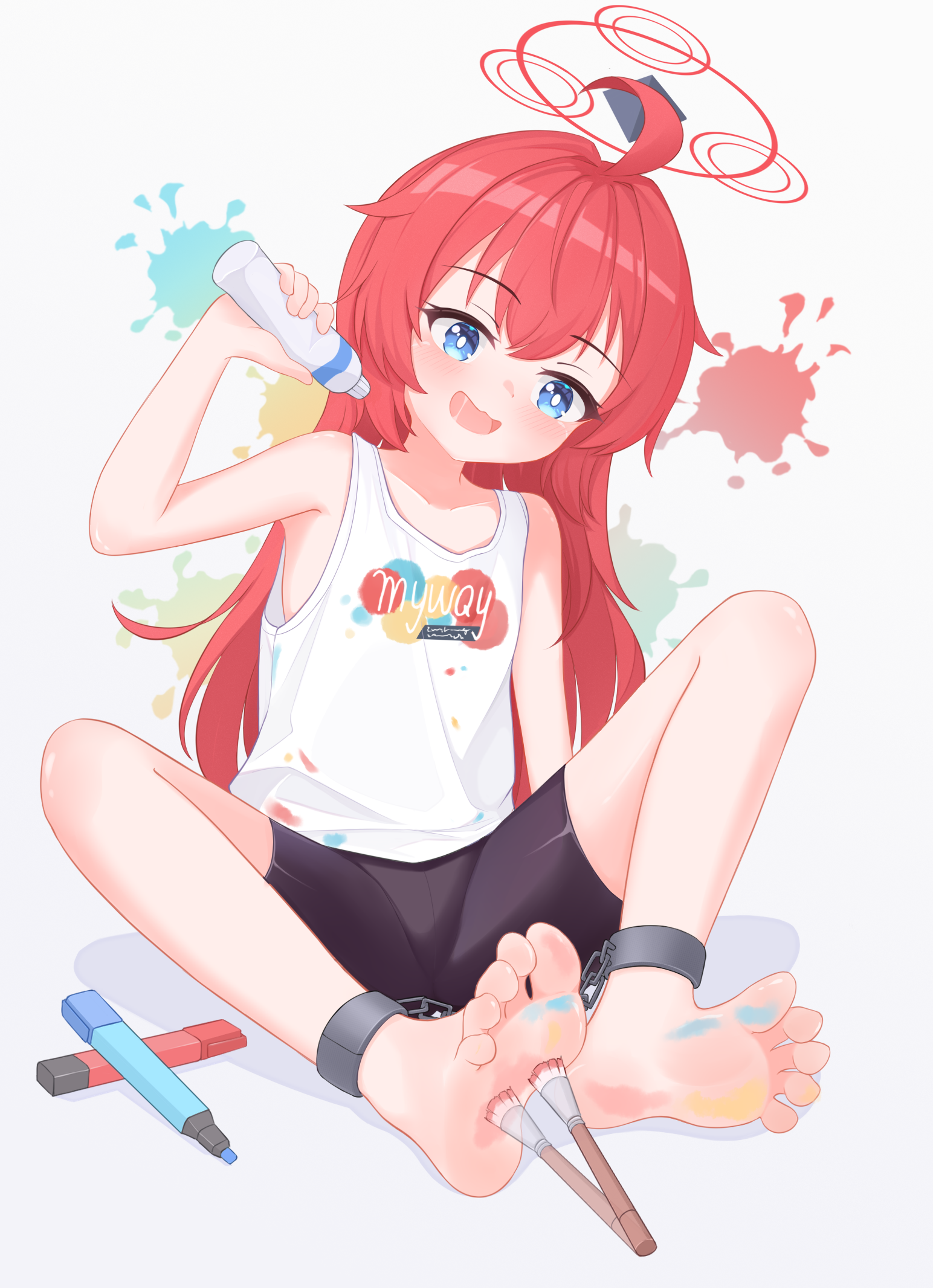 eugenecolin, maki (blue archive), maki (pajamas) (blue archive), blue archive, chinese commentary, commentary request, highres, partial commentary, 1girl, :q, afterimage, ahoge, arm support, arm up, bare arms, bare legs, bare shoulders, barefoot, bike shorts, black shorts, blue eyes, blush, bright pupils, closed mouth, clothes writing, collarbone, cuffed, cuffs, double-parted bangs, feet, foot focus, full body, hair between eyes, halo, handcuffs, holding, holding paint tube, knees up, laughing, long hair, looking down, marker, official alternate costume, on floor, open mouth, paint tube, paintbrush, red hair, red halo, saliva, shadow, shorts, sitting, smile, soles, solo, splatter background, tank top, tickling, tickling feet, toes, tongue, tongue out, white background, white pupils, white tank top, wide-eyed