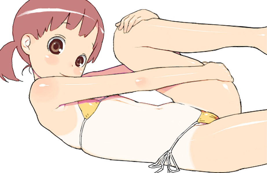 hijiri rei, original, 1girl, bikini, blunt bangs, brown eyes, brown hair, cameltoe, female focus, flat chest, from side, hugging own legs, loli, looking at viewer, lying, micro bikini, on back, one-piece tan, pink hair, shiny skin, side-tie bikini bottom, simple background, skindentation, solo, string bikini, swimsuit, tan, tanline, white background, yellow bikini