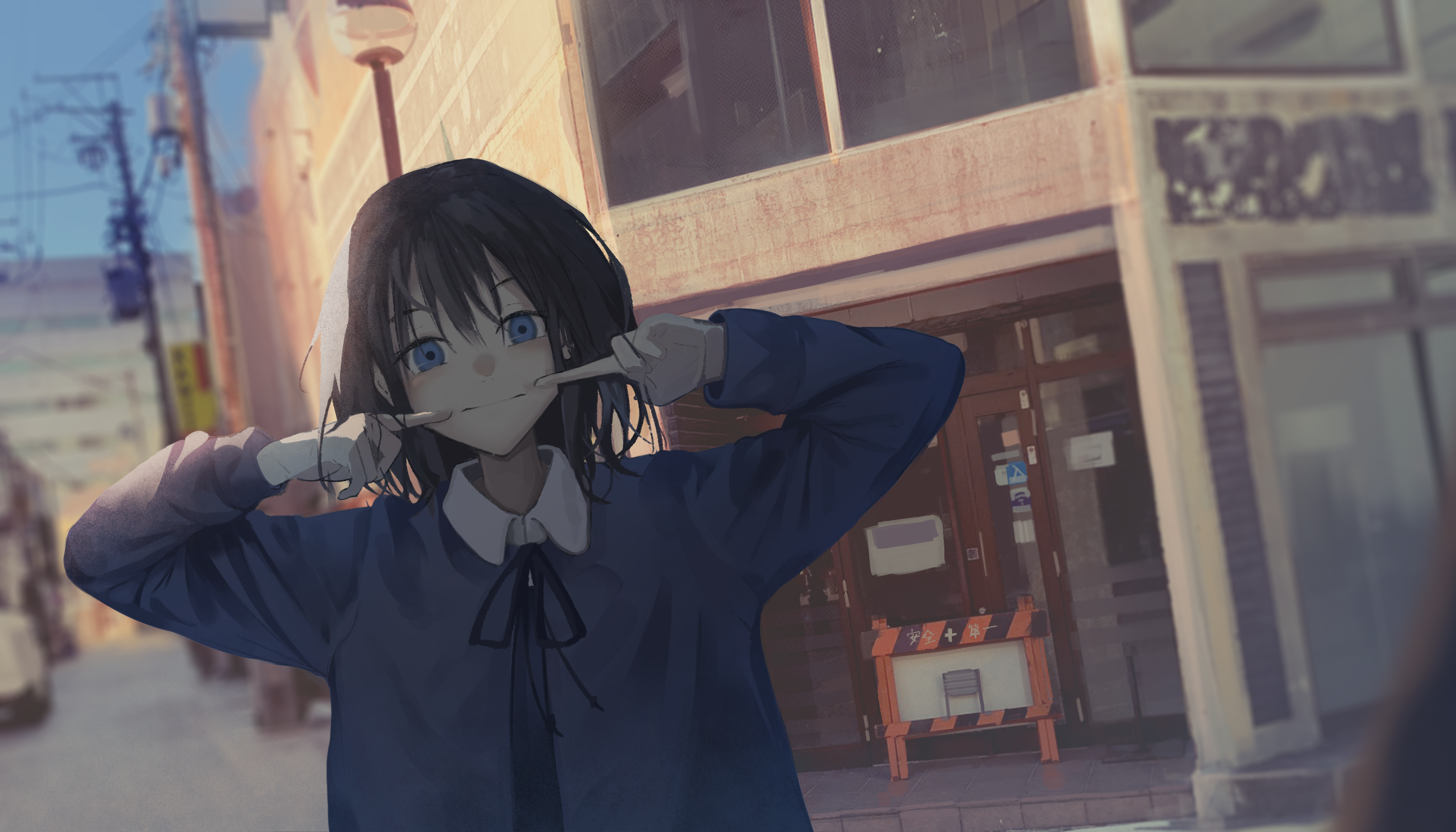 eliot (eokaitekaite969), original, absurdres, highres, 1girl, black hair, black ribbon, black shirt, blue eyes, blue jacket, building, cheek poking, closed mouth, collared shirt, hands up, index finger raised, jacket, lamppost, long sleeves, looking at viewer, medium hair, neck ribbon, outdoors, poking, power lines, ribbon, road, shirt, sidelighting, solo, street, upper body, utility pole