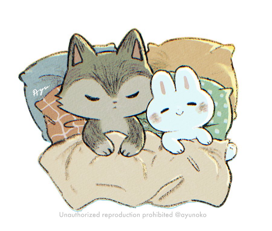 ayu (mog), original, commentary, commentary request, english commentary, mixed-language commentary, animal, animal focus, blanket, closed eyes, closed mouth, lying, no humans, on back, pillow, rabbit, romaji commentary, signature, simple background, smile, twitter username, under covers, watermark, white background, wolf