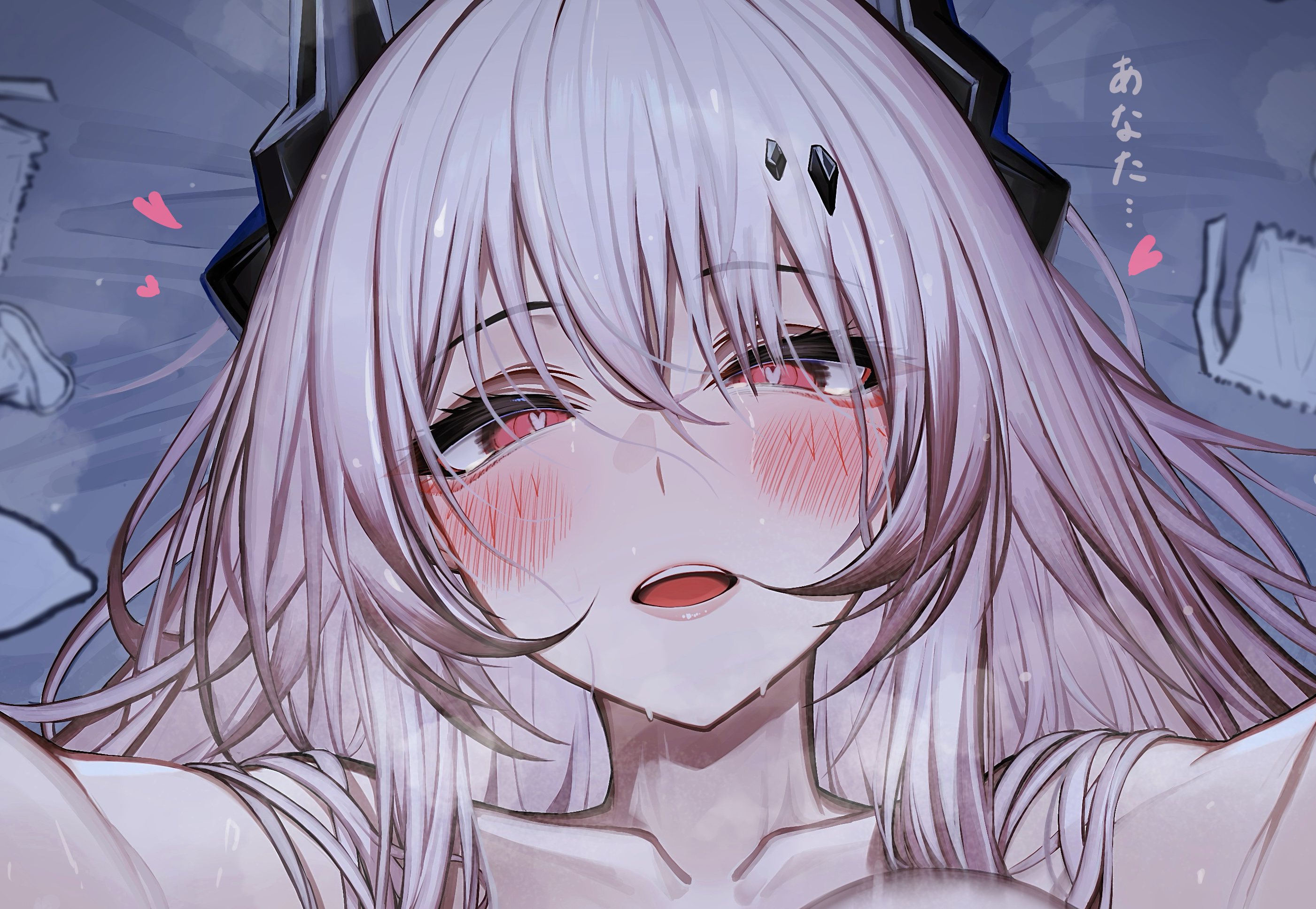 tab head, theresa (arknights), arknights, commentary request, cropped, highres, paid reward available, translation request, black horns, blush, breasts, collarbone, condom, condom wrapper, demon horns, heart, heart-shaped pupils, horns, large breasts, long hair, looking at viewer, lying, on back, open mouth, pink hair, red eyes, symbol-shaped pupils, teeth, upper teeth only, used condom