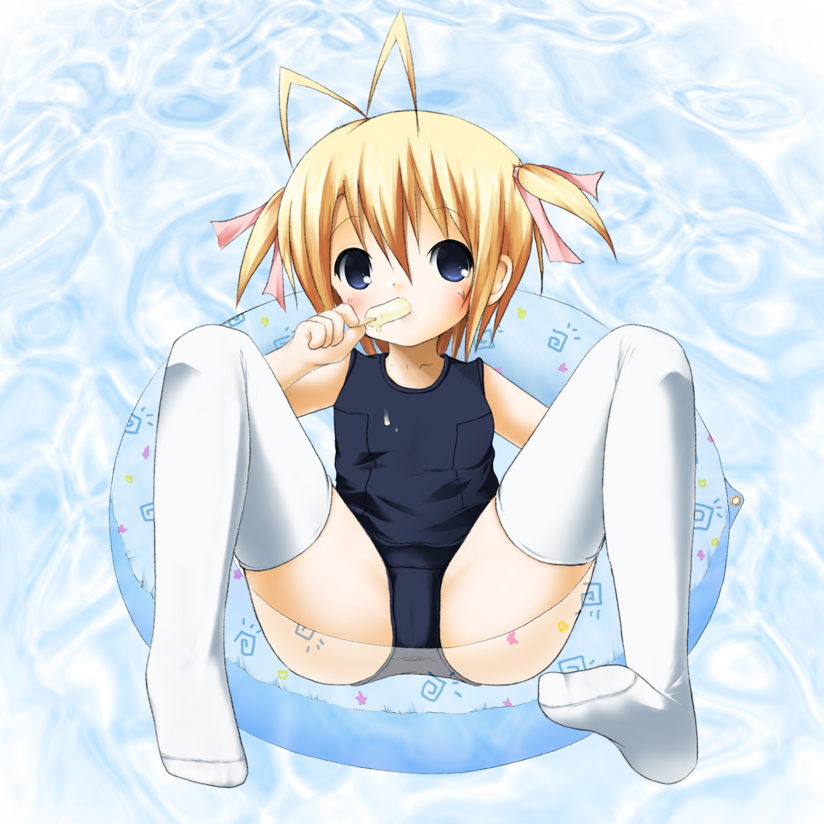 kyohei, bad id, bad pixiv id, :>=, afloat, blonde hair, blue eyes, food, food in mouth, innertube, loli, one-piece swimsuit, popsicle, popsicle in mouth, school swimsuit, short hair, solo, spread legs, swim ring, swimsuit, thighhighs, twintails, water