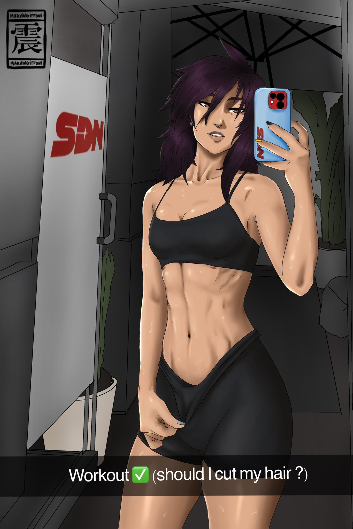 invisigal (dispatch), dispatch, commentary, english commentary, highres, 1girl, abs, ahoge, alternate hairstyle, armpit crease, armpits, artist logo, artist name, bare arms, bare shoulders, black nails, black shorts, black sports bra, blue nails, bra, breasts, brown eyes, brown lips, cellphone, cleavage, collarbone, door, english text, face piercing, facing viewer, grey background, gym shorts, hair between eyes, hair over shoulder, holding, holding phone, indoors, lips, logo, long hair, looking at phone, marvingiffoni, mature female, medium breasts, messy hair, midriff, mirror selfie, nail polish, narrow waist, navel, nose piercing, nose ring, parted lips, phone, piercing, plant, potted plant, pulling own clothes, purple hair, scar, scar on shoulder, selfie, shorts, solo, sports bra, sweat, sweatdrop, thighs, toned, toned female, underwear, yellow nails