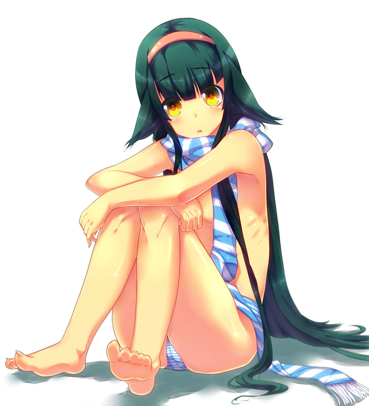 is ii, original, bad id, bad pixiv id, 1girl, animal ears, barefoot, feet, female focus, flat chest, green hair, hairband, legs, long hair, panties, scarf, solo, striped clothes, striped panties, striped scarf, underwear, very long hair, yellow eyes