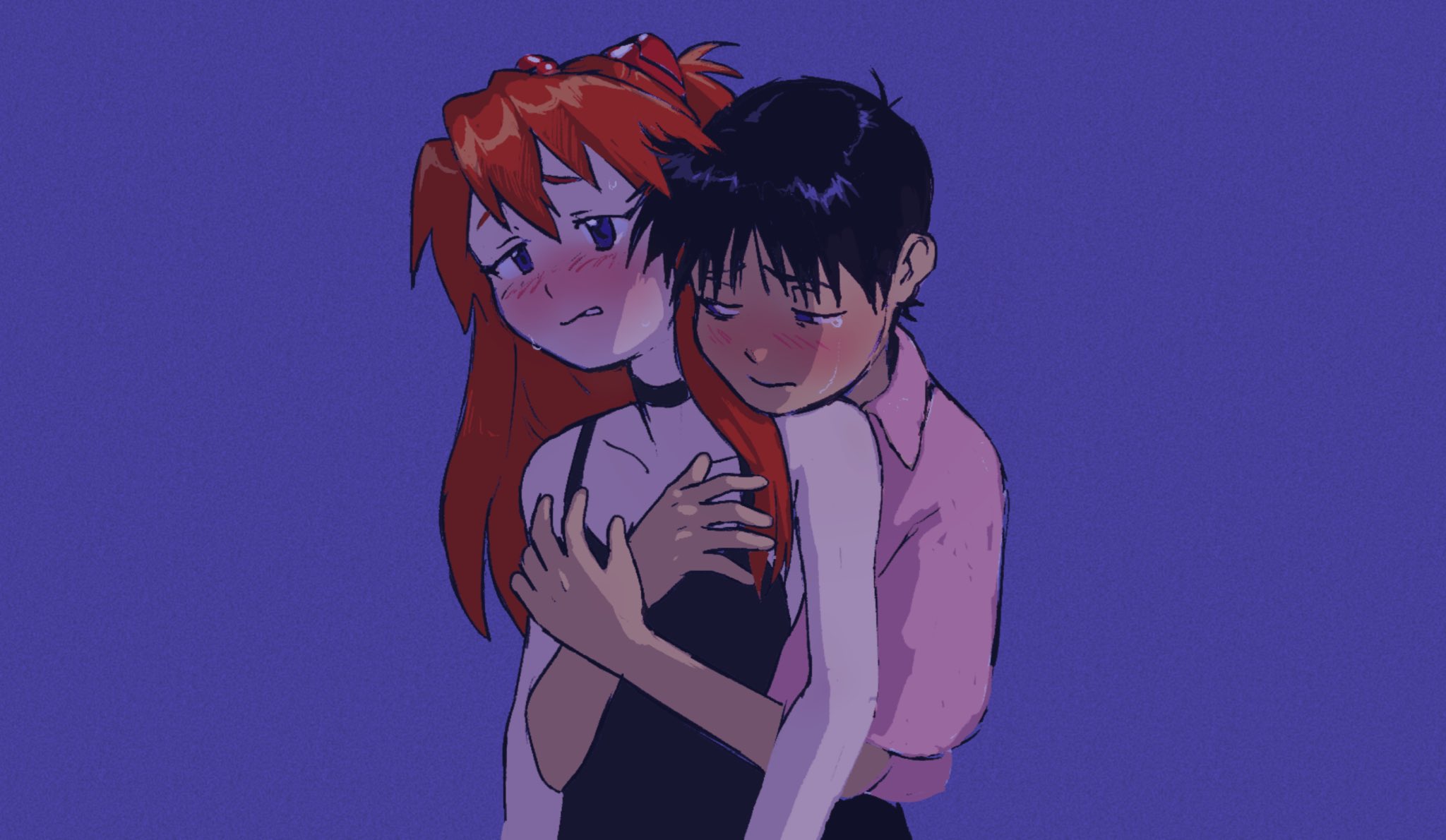 dokudrinker, ikari shinji, souryuu asuka langley, neon genesis evangelion, source request, 1boy, 1girl, black dress, black hair, black pants, blue eyes, blush, collar, collarbone, collared shirt, crossed arms, crying, dress, grope from behind, groping, hug, interface headset (evangelion), pale skin, pants, pink shirt, red hair, shirt