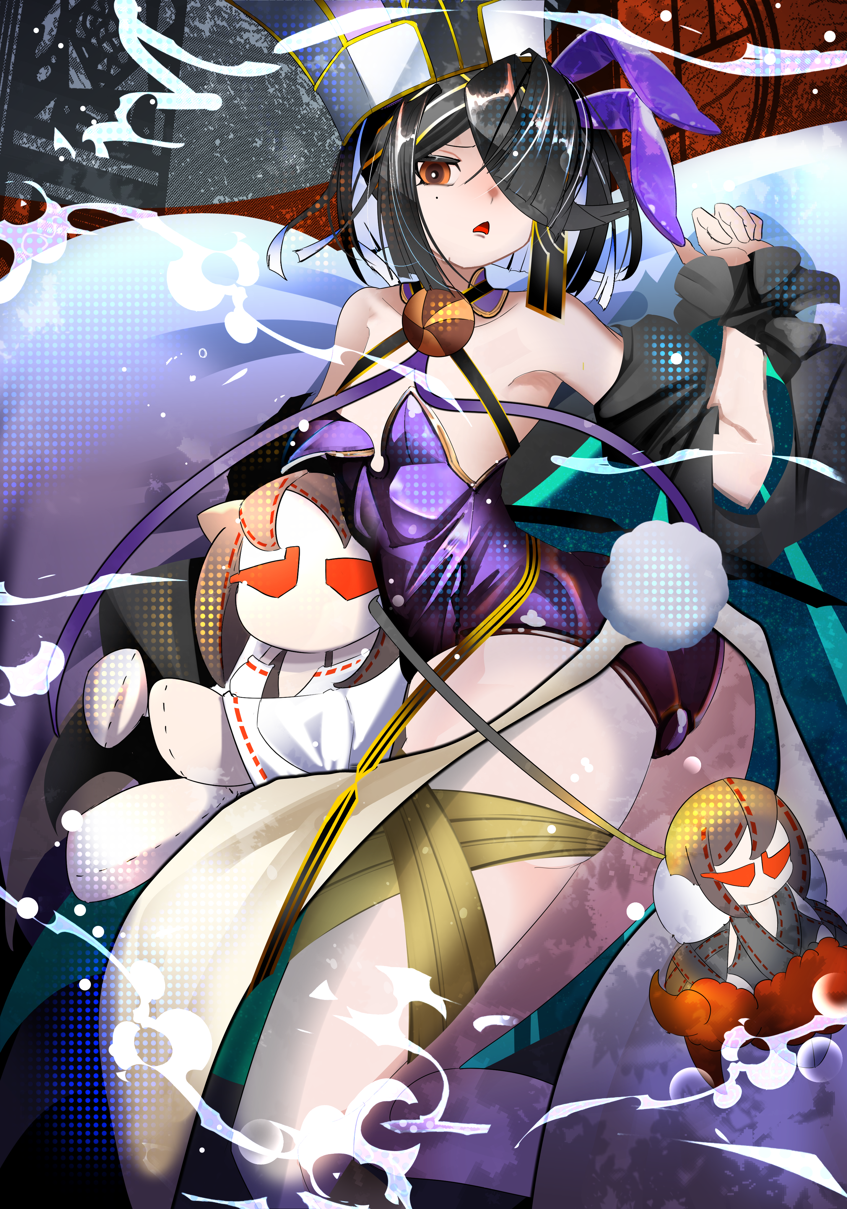 kitsunebi44410, xu fu (fate), xu fu (third ascension) (fate), fate/grand order, fate (series), absurdres, commentary request, highres, 1girl, adapted costume, animal ears, ass, black hair, breasts, brown eyes, fake animal ears, fake tail, hair over one eye, hat, lady yu doll, looking at viewer, mole, mole under eye, open mouth, playboy bunny, rabbit ears, rabbit tail, short hair, small breasts, solo, tail