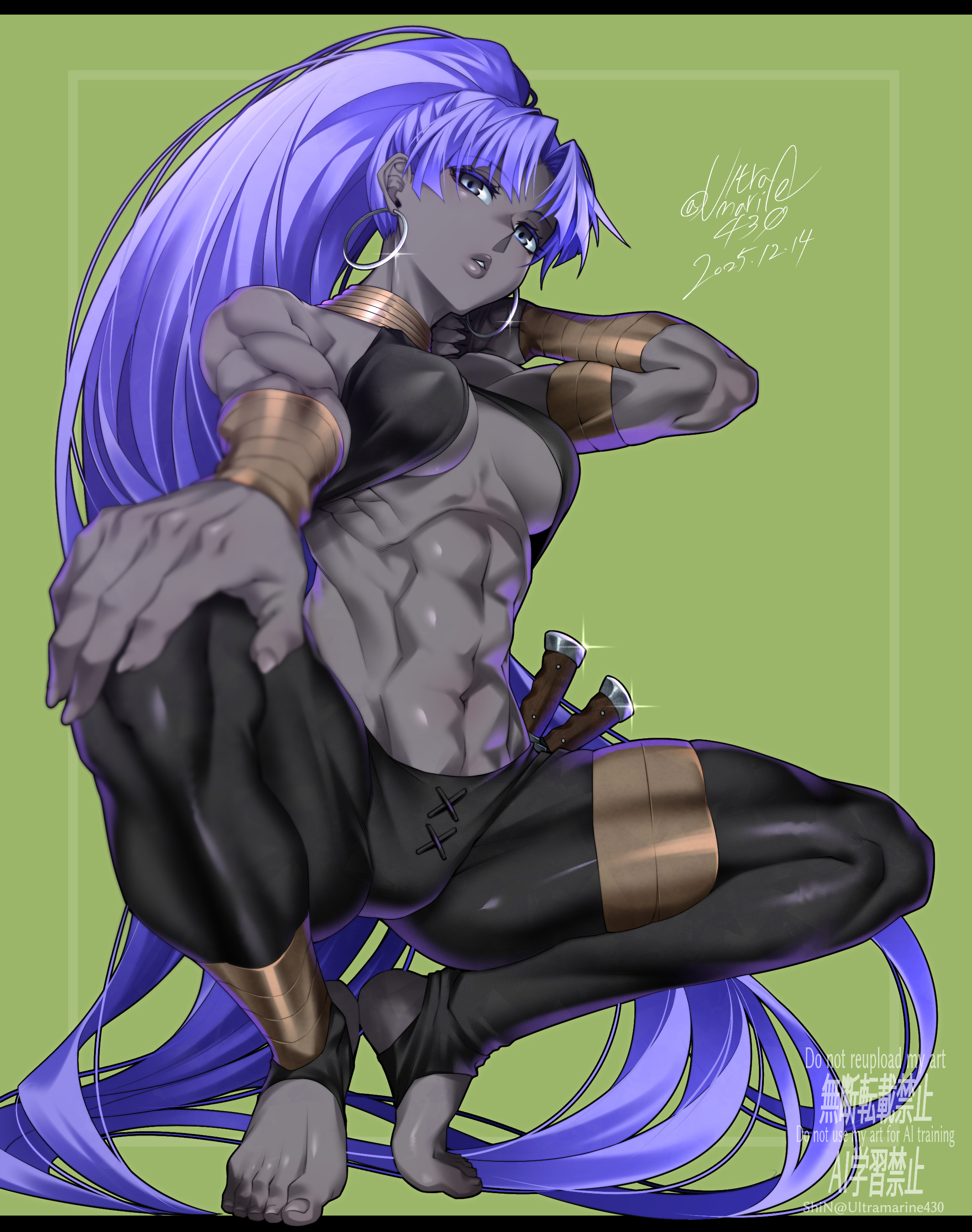 shin (ultramarine430), assassin (fate/zero), female assassin (fate/zero), fate/grand order, fate (series), absurdres, commentary request, highres, 1girl, abs, armlet, bare shoulders, barefoot, biceps, black pants, bracer, breasts, cleavage, dark-skinned female, dark skin, earrings, green background, halterneck, high ponytail, hoop earrings, jewelry, knife, large breasts, long hair, looking at viewer, muscular, muscular female, navel, neck ring, pants, parted bangs, parted lips, ponytail, purple eyes, purple hair, solo, spread legs, squatting, toned, very long hair