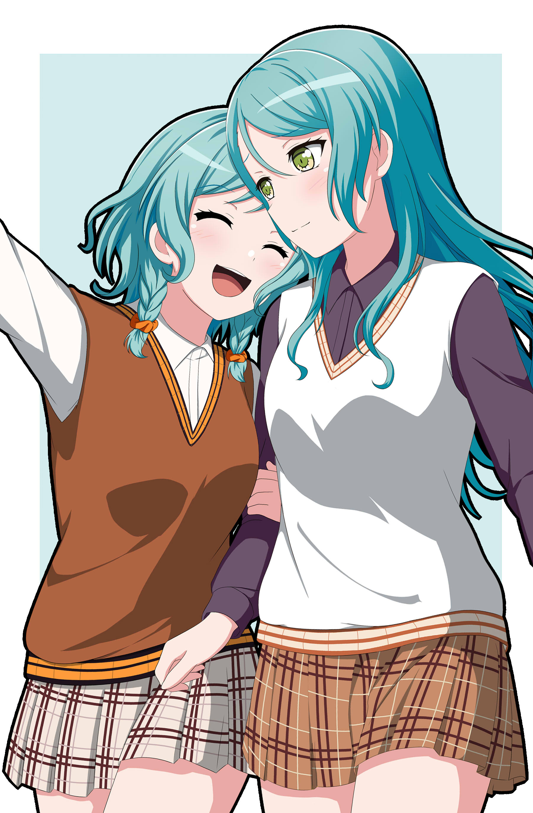 hikawa hina, hikawa sayo, bang dream!, absurdres, commentary request, highres, 2girls, black skirt, braid, closed mouth, feet out of frame, green eyes, grey hair, happy, long hair, looking at another, multiple girls, open mouth, popi kasumi, school uniform, shirt, short hair, siblings, sisters, skirt, standing, sweater vest, teeth, twin braids, twins, upper teeth only, white shirt