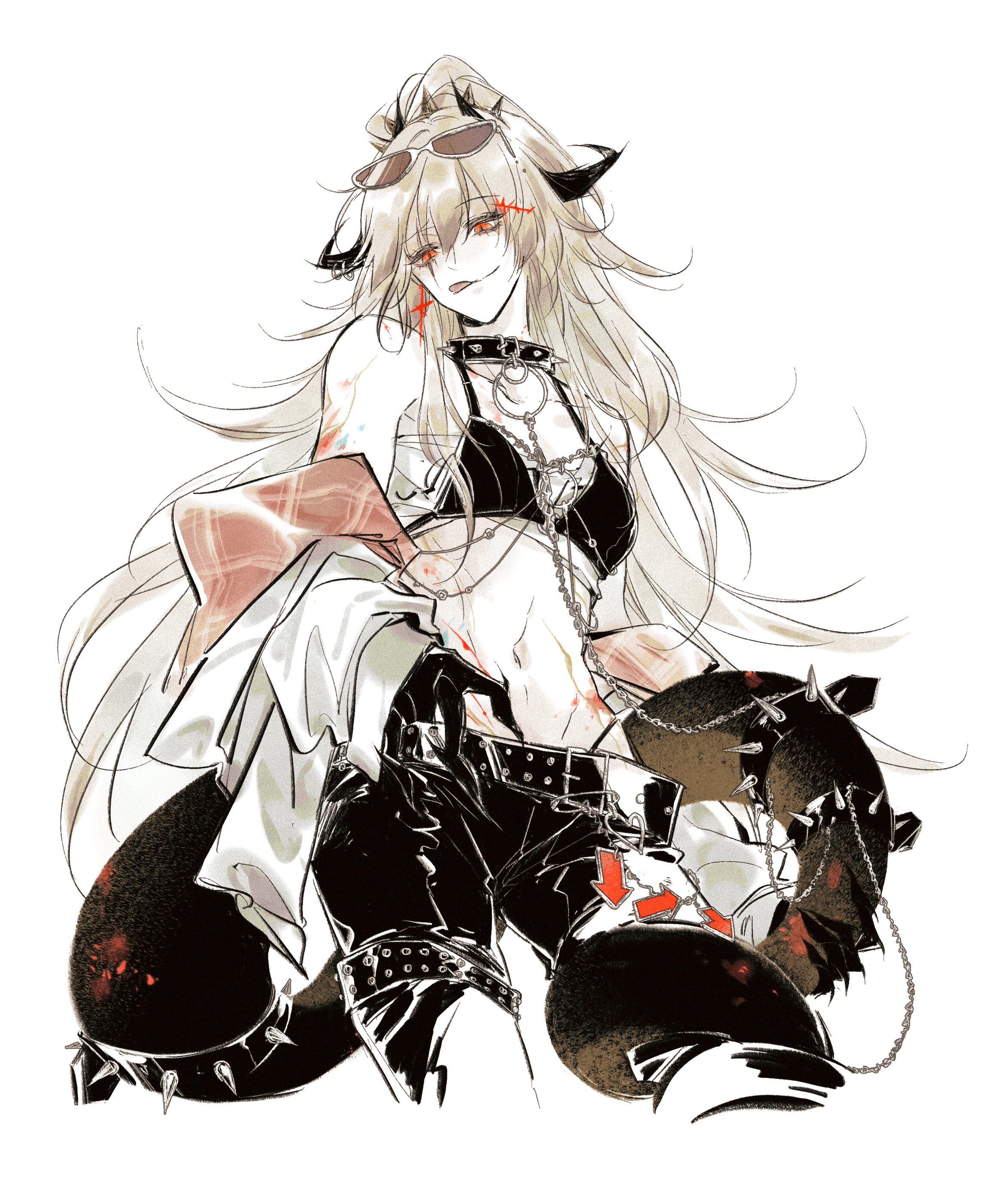 mitsukyou, synex (path to nowhere), path to nowhere, absurdres, commentary, english commentary, highres, 1girl, :d, animal collar, belt, bikini, bikini top only, black belt, black bikini, black hands, black pants, blonde hair, blood, blood splatter, brown-tinted eyewear, chain, chain leash, claws, collar, colored extremities, cropped legs, cross, cross earrings, earrings, eyewear on head, high ponytail, holding own tail, horn ornament, horns, jacket, jewelry, leash, long hair, looking down, looking to the side, navel, off shoulder, official alternate costume, open clothes, open jacket, open mouth, pants, ponytail, red eyes, scar, scar across eye, scar on face, simple background, slit pupils, smile, solo, spiked collar, spikes, stomach, strapless, studded belt, sunglasses, swimsuit, tail, tail around own leg, tinted eyewear, toned, toned female, tongue, tongue out, tube top, very long hair, white background, white jacket, white tube top