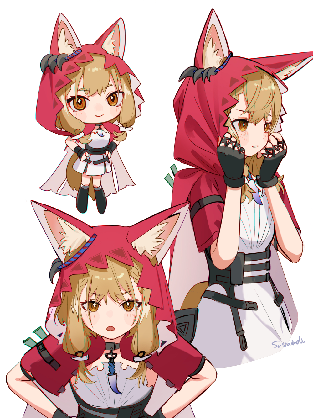 sutoa, arknights, arknights: endfield, commentary, highres, 1girl, animal ears, chibi, gloves, hands on own hips, hood, hood up, multiple views, rossi (arknights), tail, white background, wolf ears, wolf girl, wolf tail