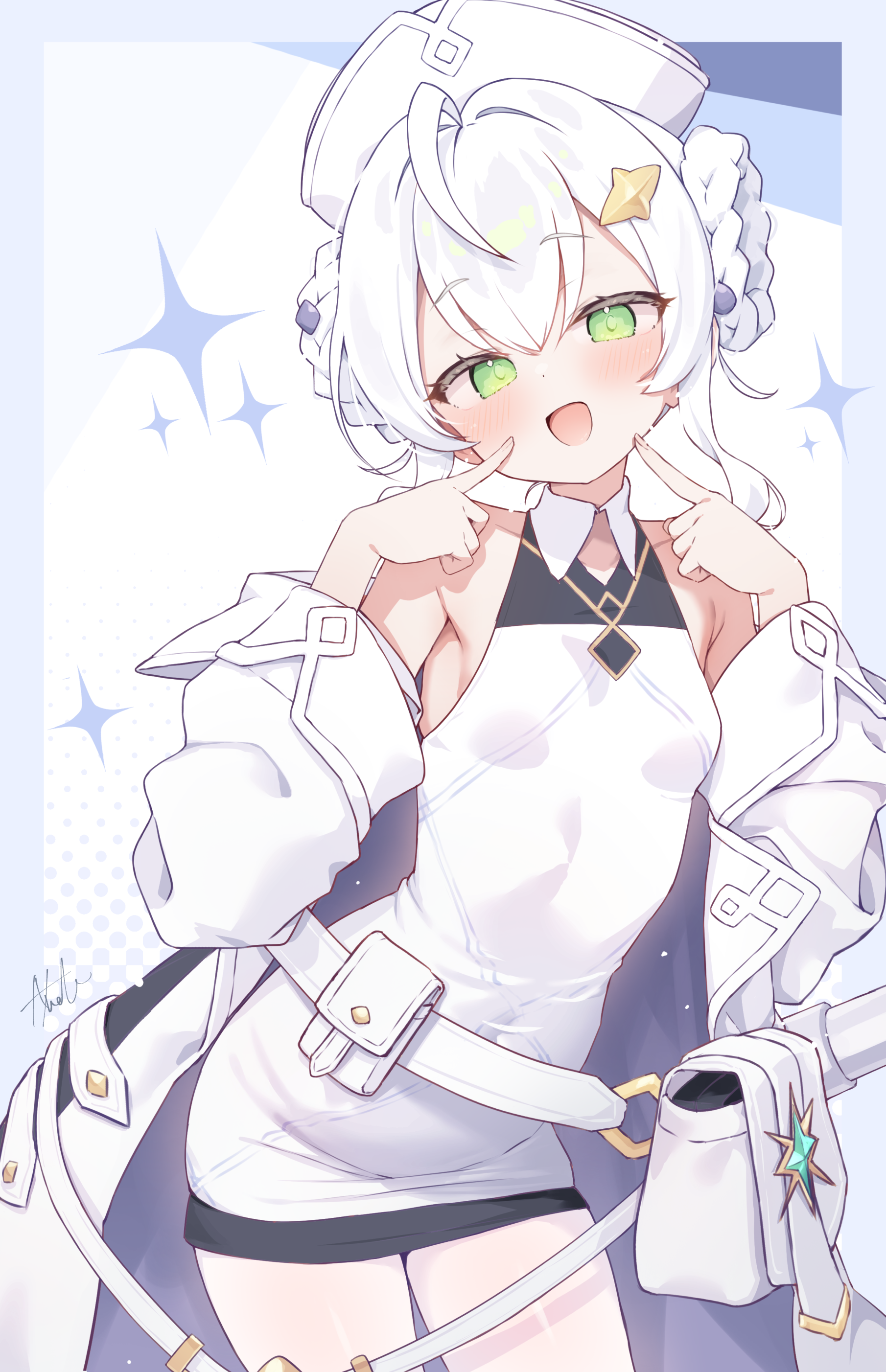 e-note, stella sora, absurdres, character request, commentary request, highres, 1girl, :d, blush, braid, breasts, cowboy shot, dress, green eyes, hair ornament, hat, jacket, long sleeves, looking at viewer, open mouth, short dress, short hair, sleeveless, sleeveless dress, small breasts, smile, solo, twin braids, white bag, white dress, white hair, white hat, white jacket