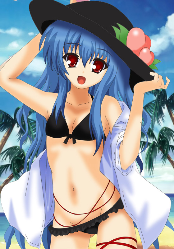 asu, hinanawi tenshi, touhou, 1girl, beach, bikini, black bikini, blue hair, cloud, day, female focus, food, fruit, groin, hat, long hair, looking at viewer, lowleg, navel, open mouth, outdoors, palm tree, peach, red eyes, shirt, sky, solo, swimsuit, tree, water