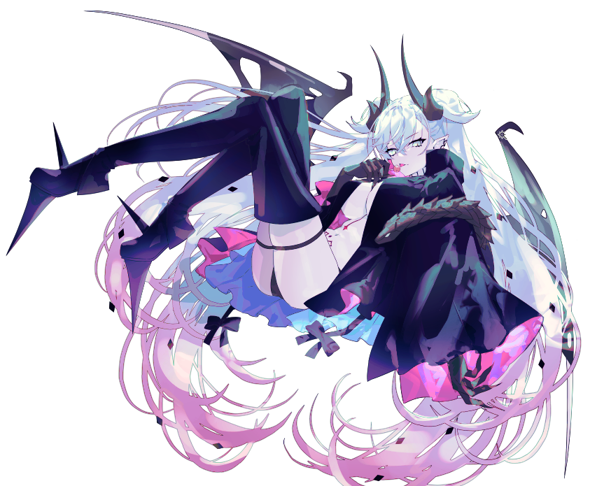 emoillu, lilith (fate), lilith (second ascension) (fate), fate/grand order, fate (series), commentary request, 1girl, ass, bat wings, black thighhighs, breasts, candy, food, gradient hair, green eyes, large breasts, lollipop, long hair, looking at viewer, multicolored hair, pink hair, thighhighs, thighs, very long hair, white hair, wings