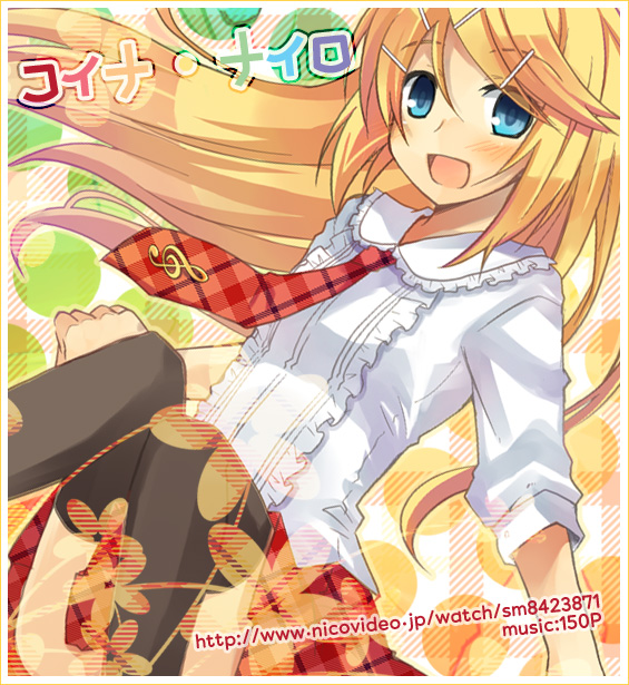 tamura hiro, kagamine rin, kagamine rin (future style), koi na nairo (vocaloid), vocaloid, bad id, bad pixiv id, tagme, 1girl, blonde hair, blue eyes, female focus, long hair, solo, thighhighs