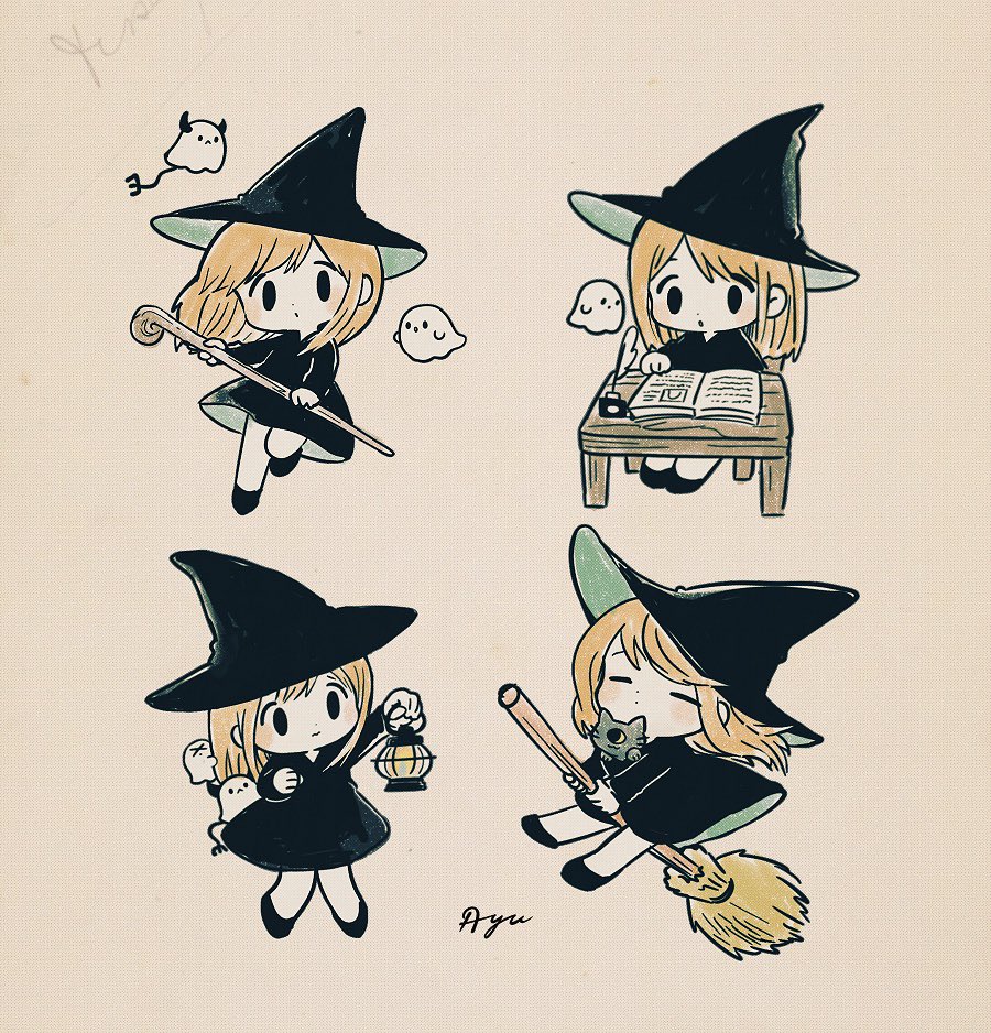 ayu (mog), original, commentary, commentary request, english commentary, mixed-language commentary, 1girl, animal, black dress, black hat, black shoes, blonde hair, blush, book, broom, broom riding, brown background, cat, chibi, chibi only, closed eyes, closed mouth, dress, full body, ghost, hat, holding, holding lantern, holding staff, lantern, long sleeves, medium hair, one-eyed, open book, quill, romaji commentary, shoes, signature, simple background, sitting, solid oval eyes, staff, table, witch, witch hat