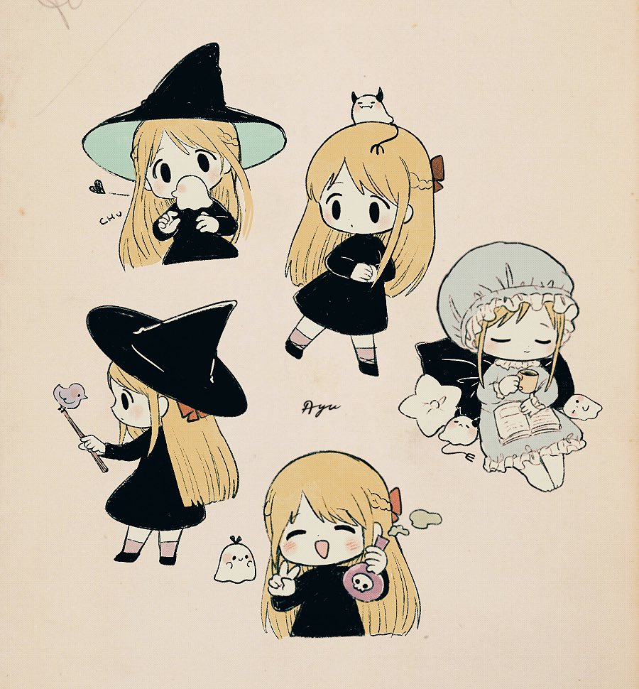 ayu (mog), original, commentary, commentary request, english commentary, mixed-language commentary, 1girl, :d, bird, black dress, black hat, black shoes, blue dress, blue hat, blush, book, bow, brown background, brown socks, chibi, chibi only, closed eyes, closed mouth, cropped torso, cup, dress, flask, frilled dress, frills, full body, ghost, hair bow, hat, holding, holding cup, holding flask, holding wand, long sleeves, open book, open mouth, orange bow, pillow, romaji commentary, round-bottom flask, shoes, simple background, smile, socks, solid oval eyes, v, wand, witch, witch hat