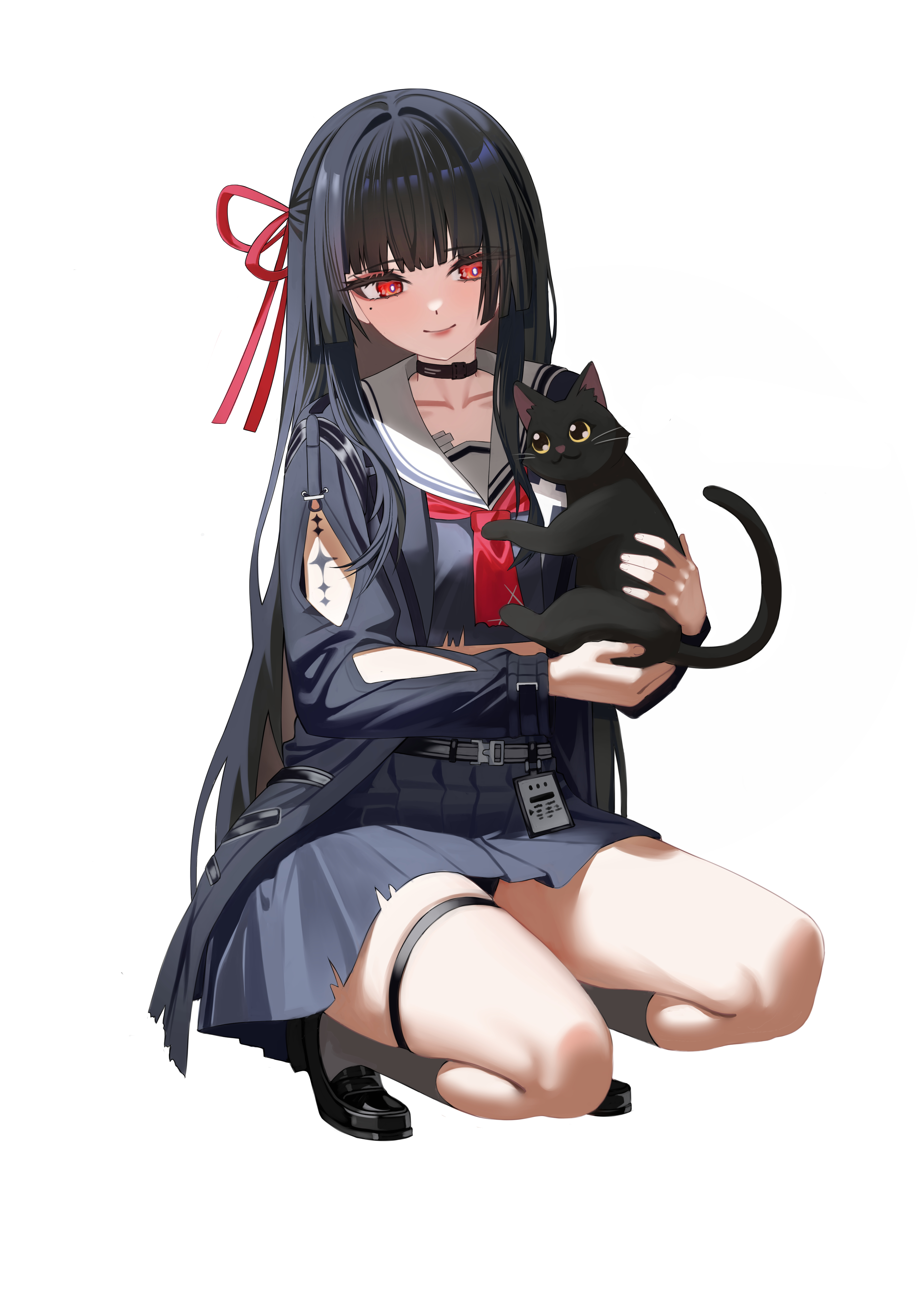 chisa (wuthering waves), wuthering waves, absurdres, commentary, highres, 1girl, animal, arm cutout, black cat, black choker, black hair, black serafuku, black shirt, black skirt, breasts, bright pupils, cat, choker, closed mouth, clothing cutout, collarbone, hair ribbon, holding, holding animal, kkyungkki, long hair, long sleeves, looking at animal, medium breasts, mole, mole under eye, neckerchief, red eyes, red neckerchief, red ribbon, ribbon, sailor collar, school uniform, serafuku, shirt, simple background, skirt, smile, solo, squatting, tacet mark (wuthering waves), thigh strap, thighs, white background, white pupils, white sailor collar