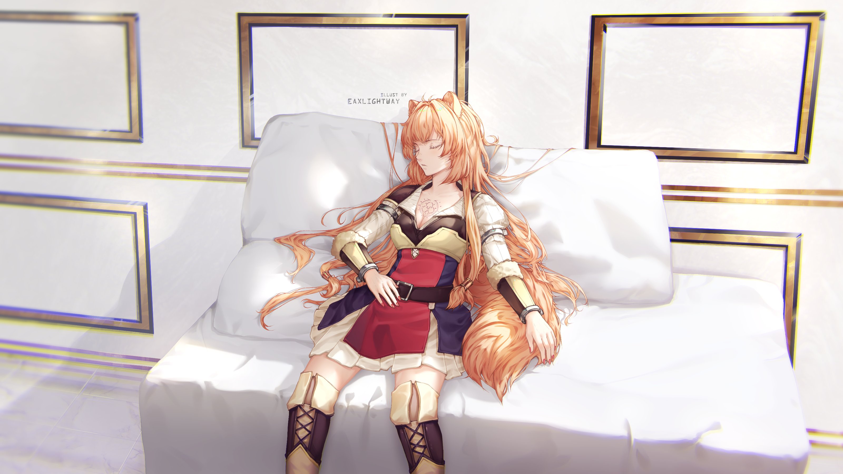 eaxlightway, raphtalia, tate no yuusha no nariagari, absurdres, hashtag-only commentary, highres, 1girl, adapted costume, armor, artist name, belt, black dress, boots, breastplate, breasts, brown armor, brown belt, brown boots, brown hair, cleavage, closed eyes, closed mouth, collarbone, collared dress, cowboy shot, dress, drill hair, eyelashes, facing away, facing to the side, fur-trimmed armor, fur trim, hand on own stomach, indoors, long hair, long sleeves, lying, messy hair, metal arm cuffs, metal wrist cuffs, partially open dress, pauldrons, pinstripe dress, pinstripe pattern, short dress, shoulder armor, single pauldron, sleeping, sleeveless, sleeveless dress, solo, thigh boots, thighhighs, twin drills, two-tone dress, vambraces, watermark, white dress, zettai ryouiki