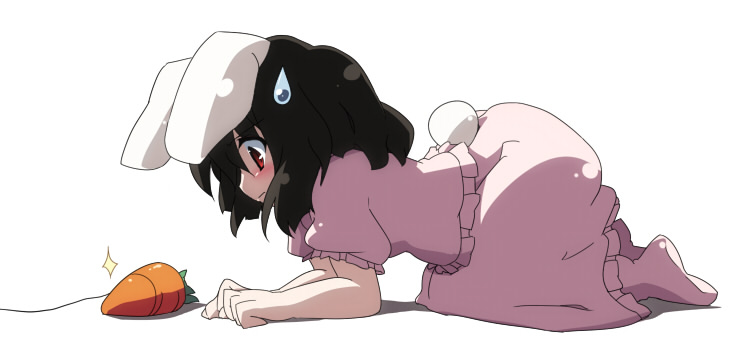 oka (bananashoe), inaba tewi, touhou, 1girl, all fours, animal ears, bait, black hair, blush, carrot, female focus, profile, rabbit ears, rabbit girl, rabbit tail, simple background, skirt, skirt set, solo, sweatdrop, tail