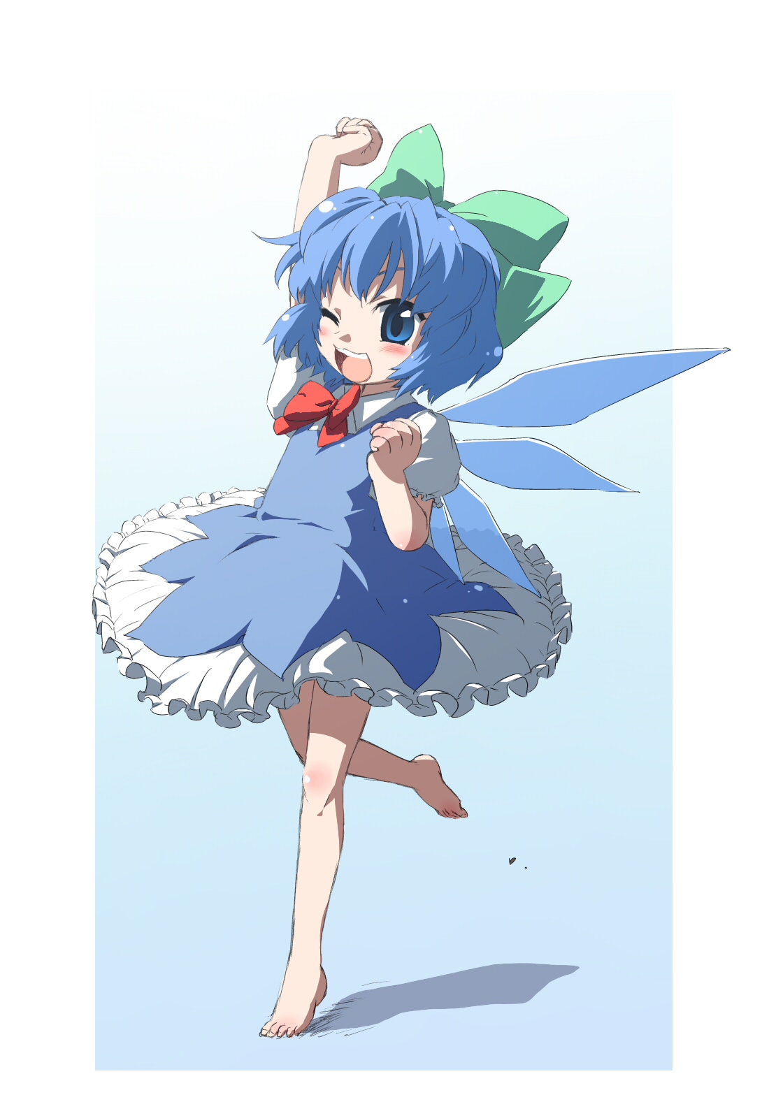 kiriu, oka (bananashoe), cirno, touhou, touhou hisoutensoku, colorized, highres, 1girl, arm up, barefoot, blue hair, feet, female focus, full body, one eye closed, outstretched arm, plantar flexion, ribbon, sketch, solo, standing, standing on one leg, stretching, wink