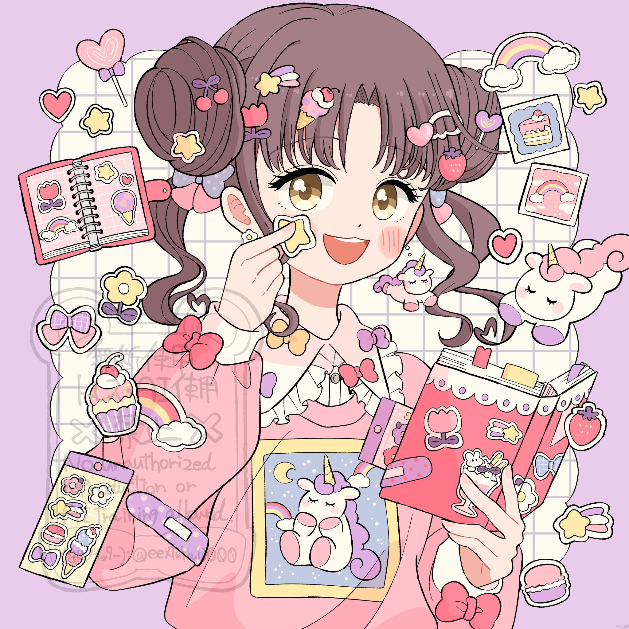 eeppa, original, commentary, highres, 1girl, :d, bandaid, bandaid on clothes, blush stickers, bookmark, border, bow, brown hair, collared shirt, double bun, frilled shirt collar, frills, grid background, hair bun, hair ornament, holding, holding notebook, long hair, long sleeves, looking at viewer, notebook, open mouth, outside border, parted bangs, pink sweater, purple border, purple bow, red bow, shirt, sleeve bow, smile, solo, star (symbol), star hair ornament, sticker, sticker on face, sweater, twintails, twitter username, upper body, watermark, white background, white shirt, yellow eyes