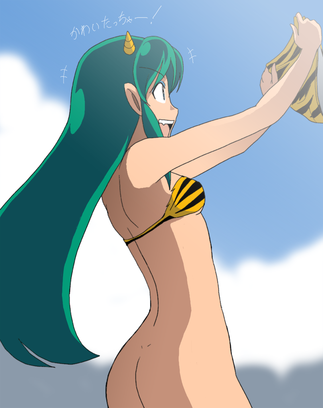 takaya n, lum, urusei yatsura, highres, 1girl, animal print, ass, bikini, bottomless, cone horns, day, dimples of venus, eyeshadow, female focus, green hair, horns, long hair, makeup, oni, small horns, solo, swimsuit, tiger print, unworn bikini bottom, yellow bikini