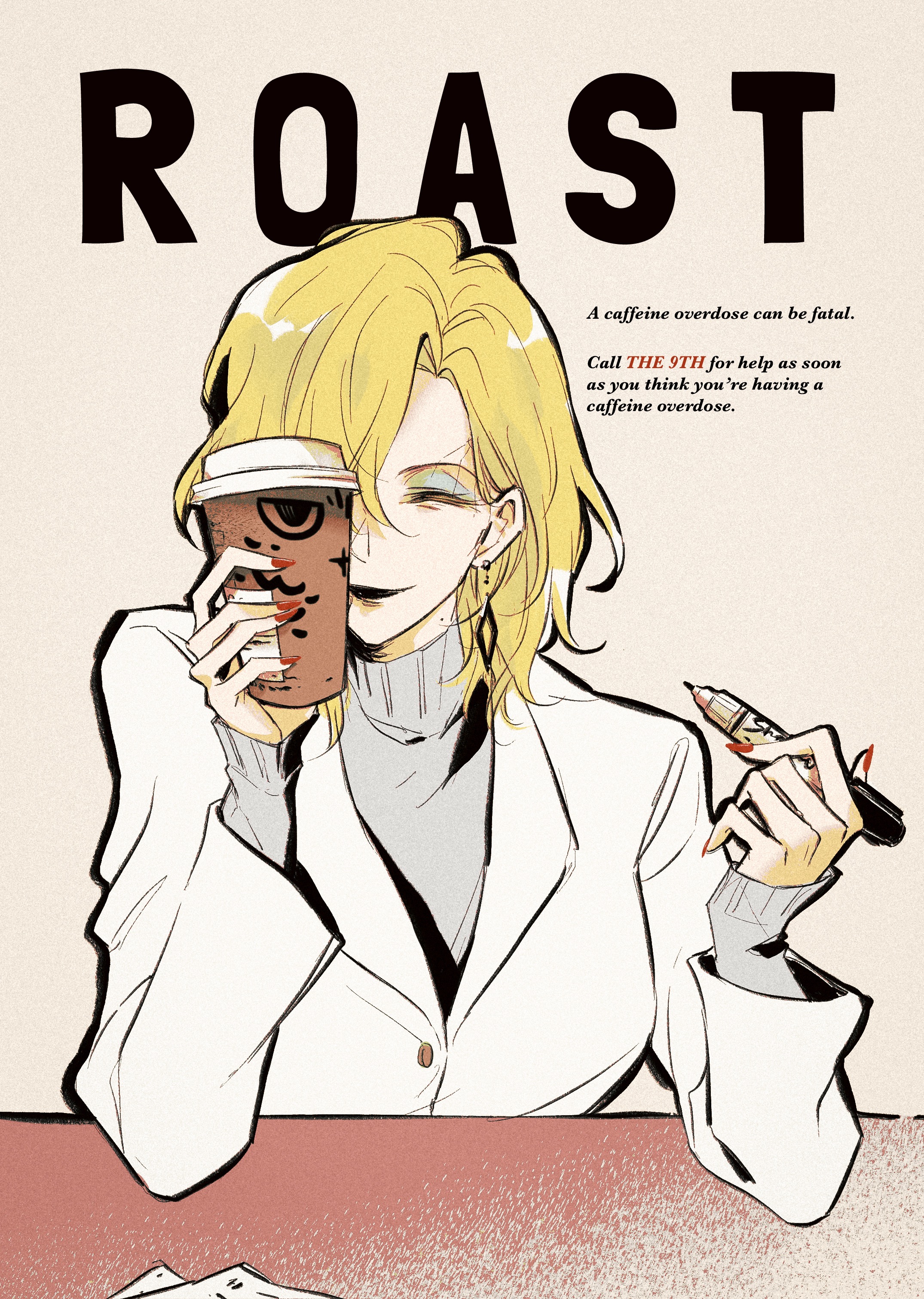 mitsukyou, langley (path to nowhere), path to nowhere, absurdres, chinese commentary, commentary, highres, 1girl, alternate costume, black lips, blonde hair, blue eyeshadow, closed eyes, cup, disposable coffee cup, disposable cup, earrings, english text, eyeshadow, grey sweater, hair over one eye, holding, holding cup, holding pen, jacket, jewelry, makeup, marker, medium hair, mole, mole on neck, nail polish, one eye covered, pen, red nails, simple background, sleeves past wrists, smile, solo, suit jacket, sweater, table, turtleneck, turtleneck sweater, upper body, white jacket, yellow background