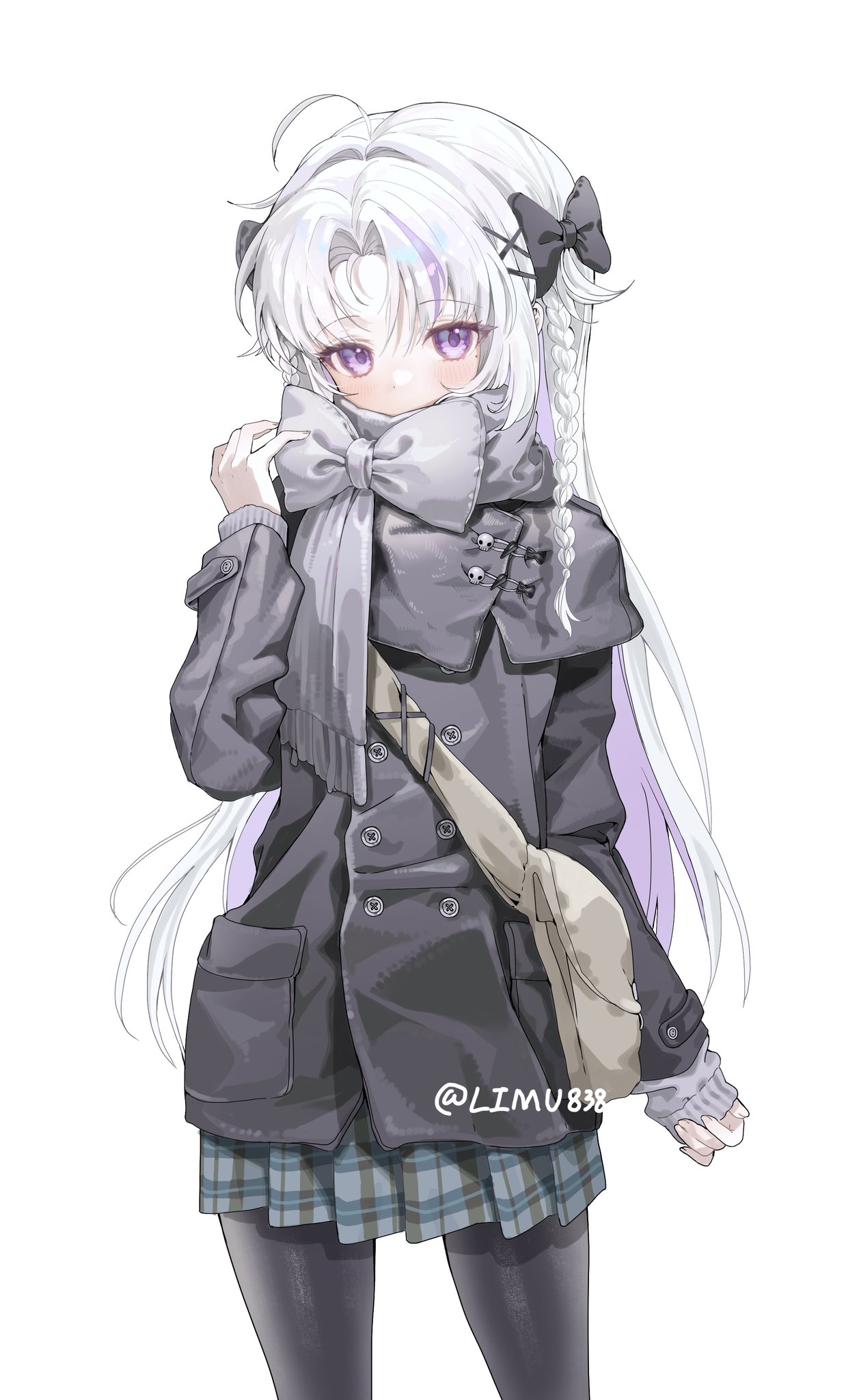 limu838, original, commentary, commission, highres, 1girl, ahoge, black bow, black coat, black pantyhose, blue skirt, blush, bow, braid, coat, colored inner hair, cowboy shot, hair between eyes, hair bow, hair intakes, hair ornament, hand up, long hair, long sleeves, looking at viewer, miniskirt, multicolored hair, pantyhose, parted bangs, plaid clothes, plaid skirt, pleated skirt, purple eyes, purple hair, scarf, scarf bow, simple background, skirt, solo, streaked hair, twitter username, two-tone hair, white background, white hair, x hair ornament