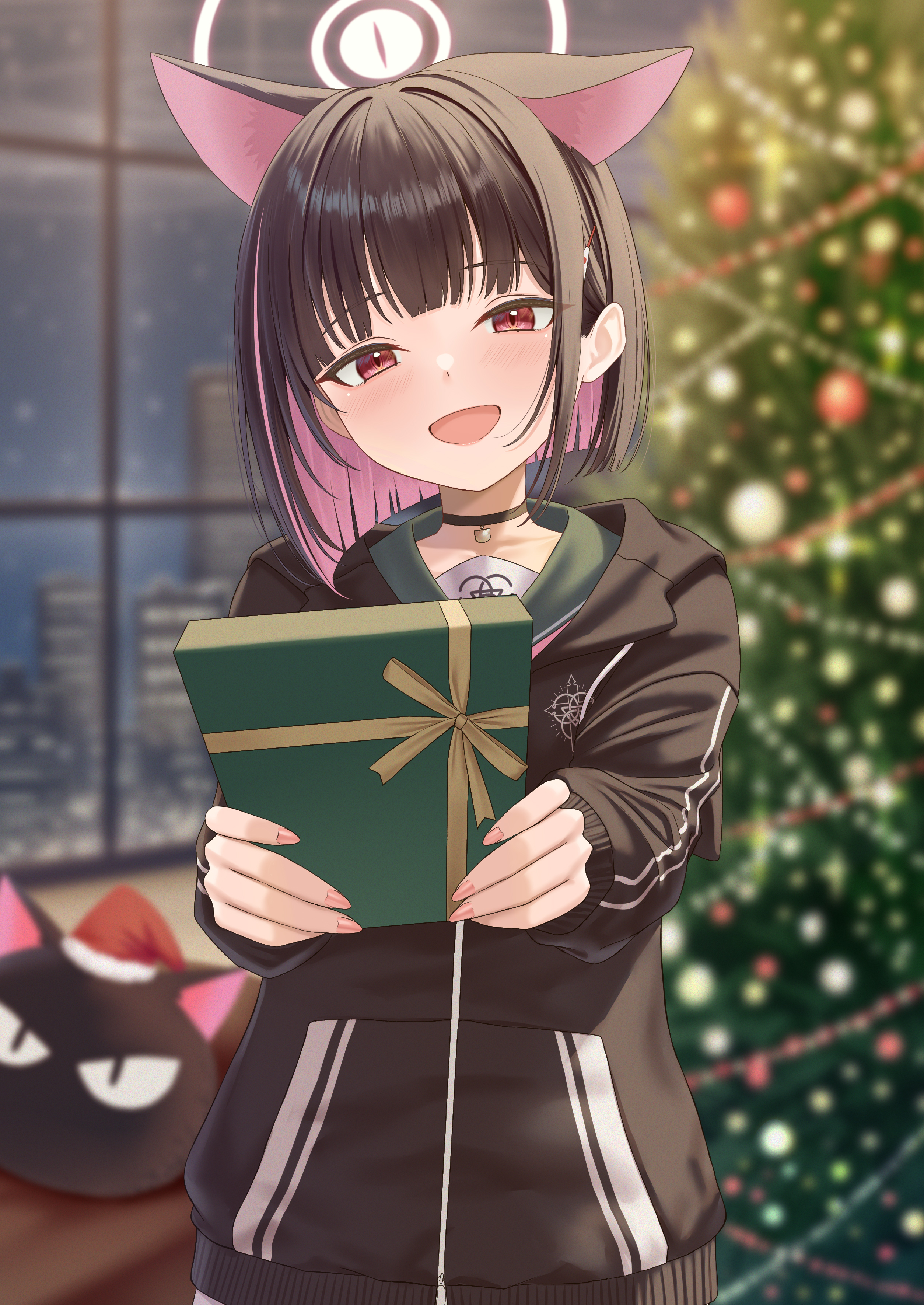 rama (yu-light8), kazusa (blue archive), blue archive, absurdres, commentary, highres, 1girl, :d, animal ears, black choker, black jacket, blunt bangs, blunt ends, blurry, blurry background, blush, brown hair, cat choker, cat ears, cat girl, choker, christmas, christmas tree, colored inner hair, extra ears, gift, green sailor collar, halo, holding, holding gift, incoming gift, indoors, jacket, long sleeves, looking at viewer, multicolored hair, open mouth, pink hair, pink halo, pocket, red eyes, ribbon, sailor collar, short hair, sidelocks, smile, solo, two-tone hair, upper body, vertical-striped sleeves, yellow ribbon