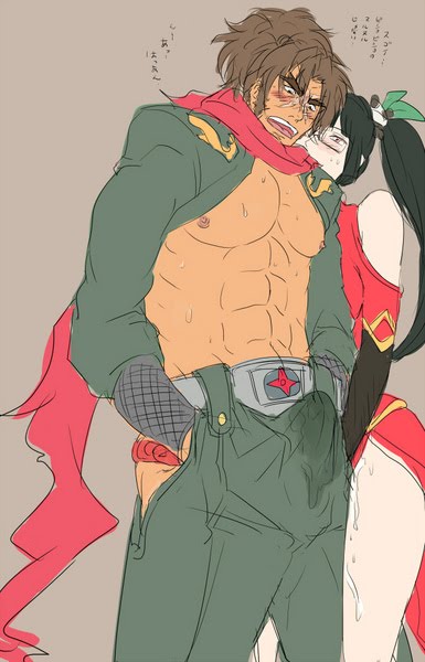 isomine, lao jiu, litchi faye ling, shishigami bang, arc system works, blazblue, blazblue: calamity trigger, 1boy, 1girl, abs, bara, bare shoulders, black hair, blush, cum, cum in clothes, dark skin, detached sleeves, erection, flat color, glasses, hand in pants, handjob, hetero, long hair, muscular, ninja, panda, penis, scar, scarf, side ponytail, solo focus, underwear, very long hair