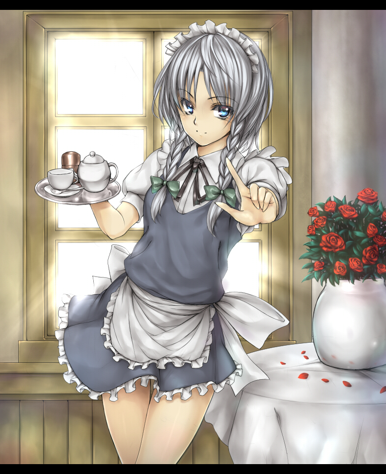 takemori shintarou, izayoi sakuya, touhou, silver hair, bad id, bad pixiv id, 1girl, apron, blue eyes, braid, cup, female focus, flower, letterboxed, maid, maid apron, neck ribbon, petals, ribbon, rose, short hair, solo, spoon, standing, sunlight, teacup, teapot, thigh gap, thighs, tray, twin braids