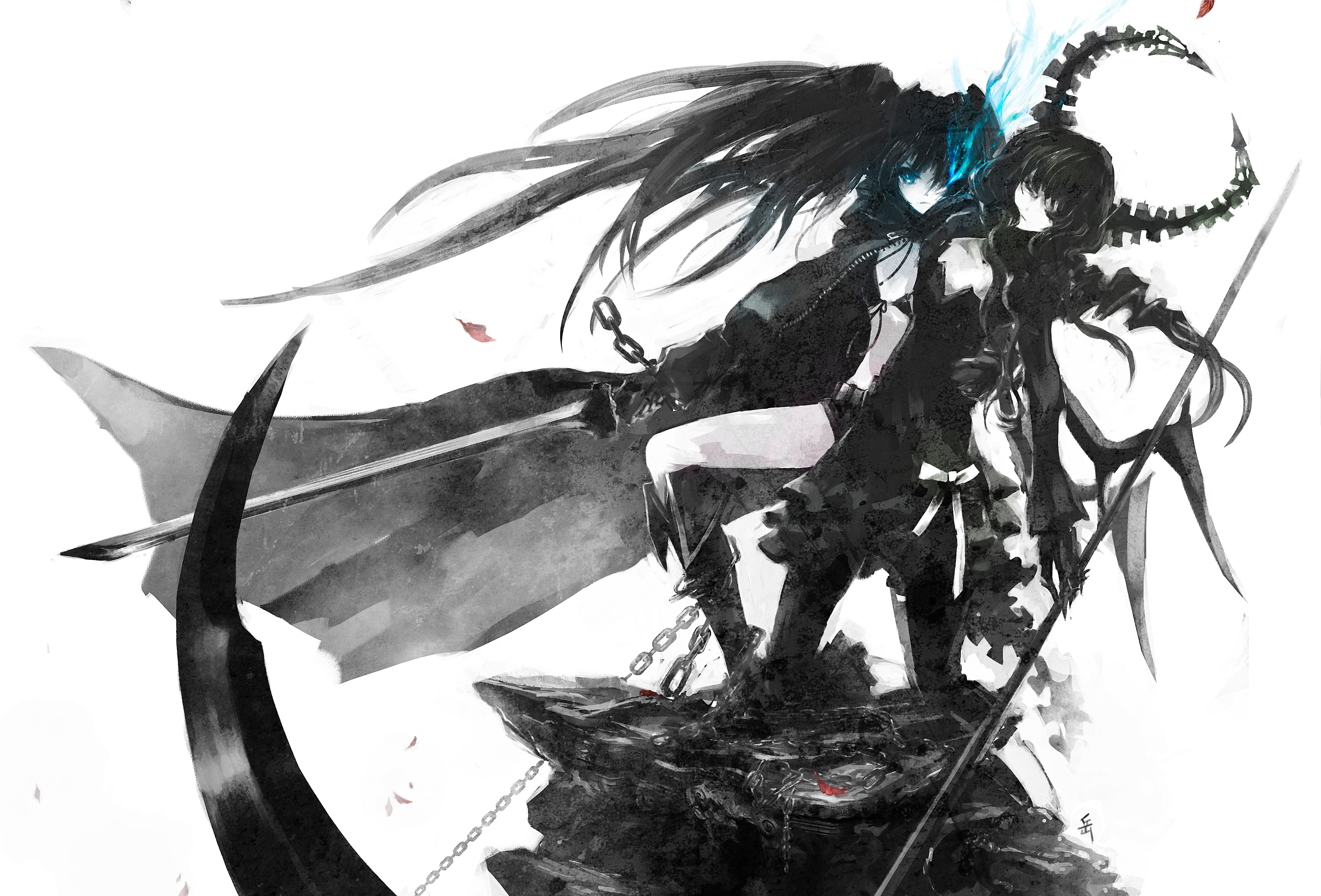 archlich, black rock shooter (character), dead master, black rock shooter, highres, 10s, 2girls, bikini, black bikini, black dress, black hair, blue eyes, chain, death, dress, fire, glowing, glowing eyes, horns, long hair, multiple girls, scythe, swimsuit, sword, twintails, very long hair, weapon