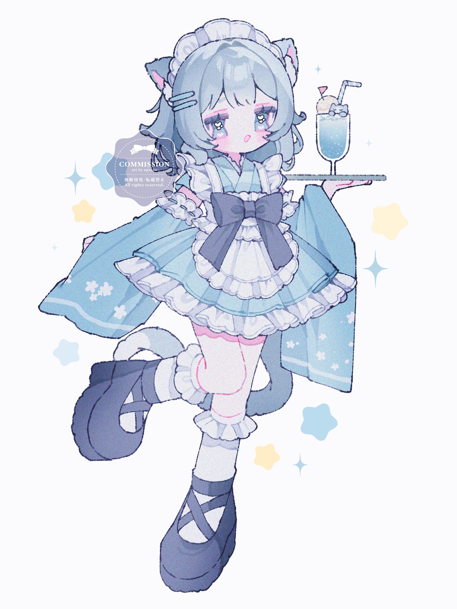 upache, original, commentary, commission, highres, skeb commission, 1girl, :d, animal ear fluff, animal ears, apron, black shoes, blue dress, blue eyes, blue hair, blue sleeves, blunt bangs, blush, borrowed character, cat ears, cat girl, cat tail, cup, detached sleeves, double-parted bangs, dress, drinking glass, drinking straw, food, frilled apron, frilled dress, frilled socks, frills, full body, holding, holding tray, ice cream, ice cream float, kimono dress, kneehighs, long sleeves, looking at viewer, maid headdress, open mouth, platform shoes, ribbon-trimmed sleeves, ribbon trim, shoes, short hair, simple background, sleeveless, sleeveless dress, smile, socks, solo, sparkle, standing, standing on one leg, tail, tray, watermark, white apron, white background, white socks, wide sleeves